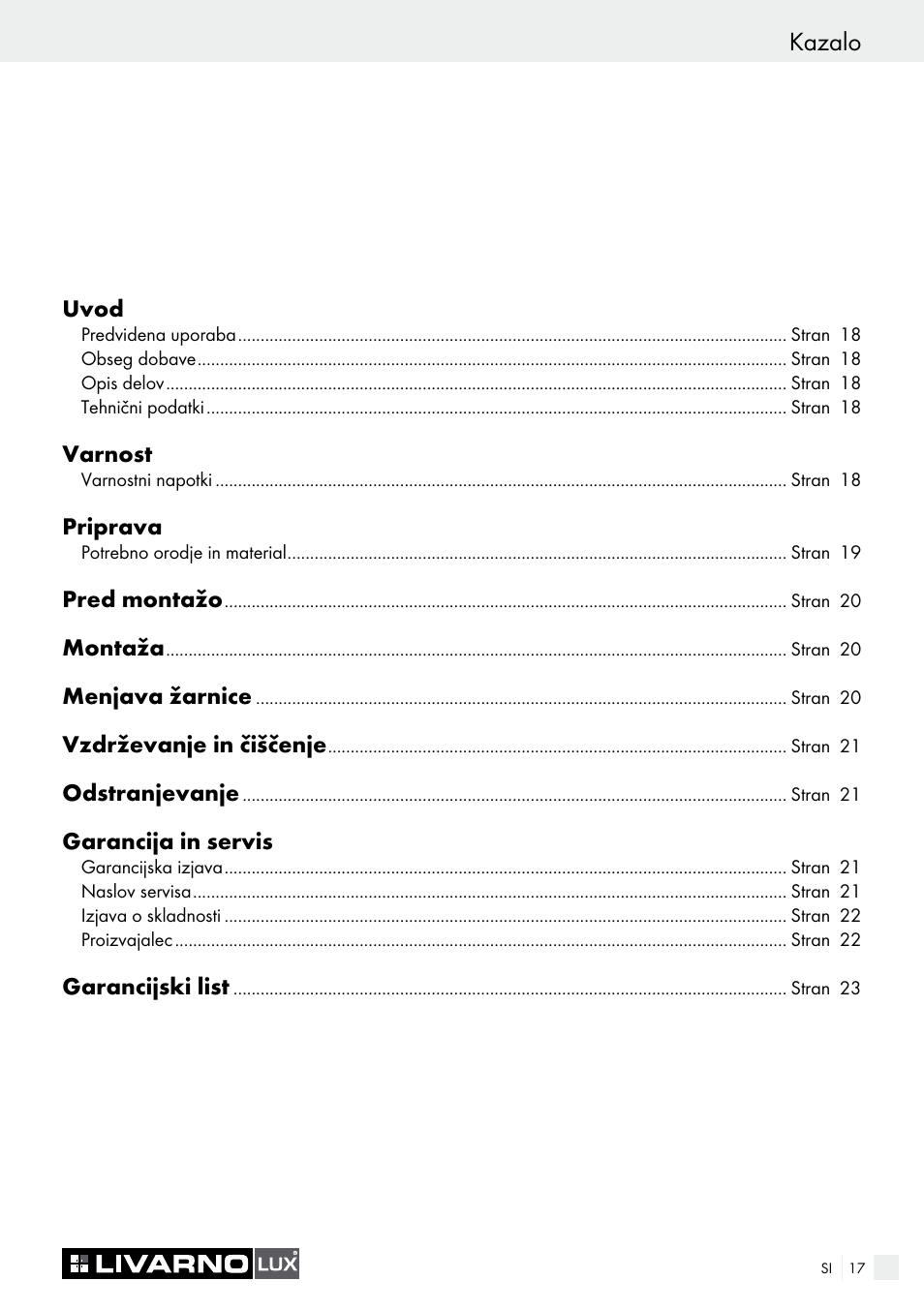 Kazalo | Livarno 7211 User Manual | Page 17 / 43