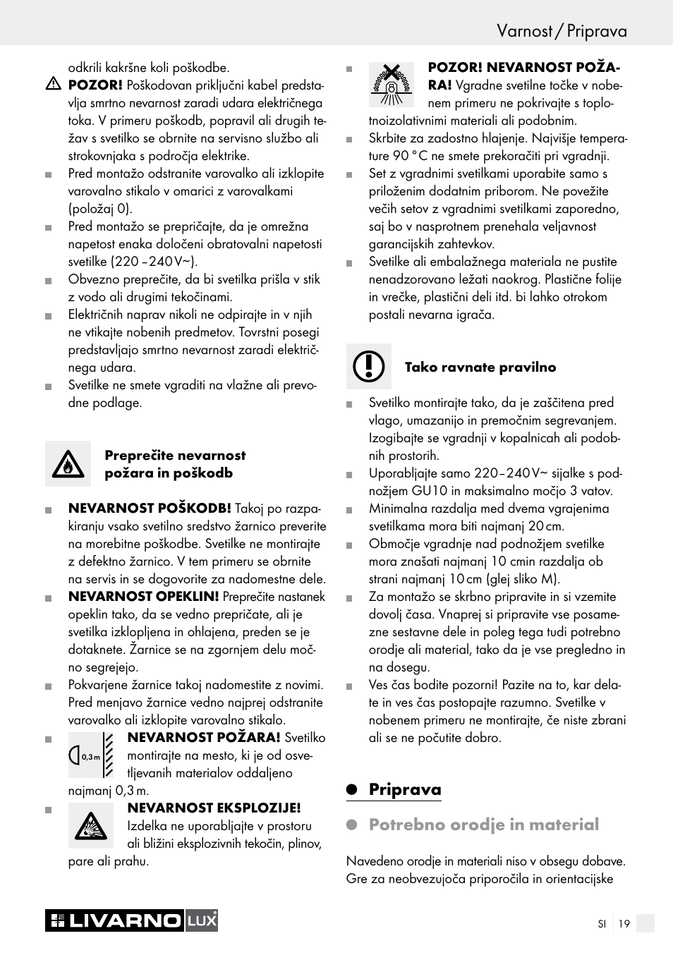 Varnost / priprava, Priprava, Potrebno orodje in material | Livarno 7211 User Manual | Page 19 / 43