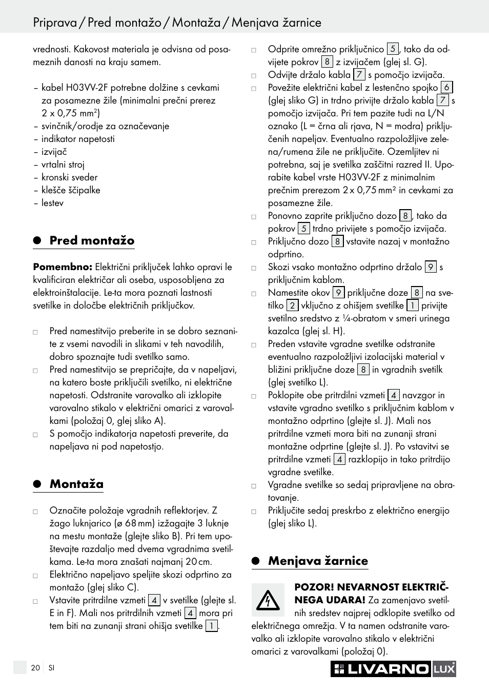 Pred montažo, Montaža, Menjava žarnice | Livarno 7211 User Manual | Page 20 / 43