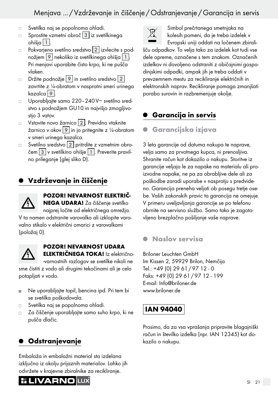 Vzdrževanje in čiščenje, Odstranjevanje, Garancija in servis garancijska izjava | Naslov servisa | Livarno 7211 User Manual | Page 21 / 43