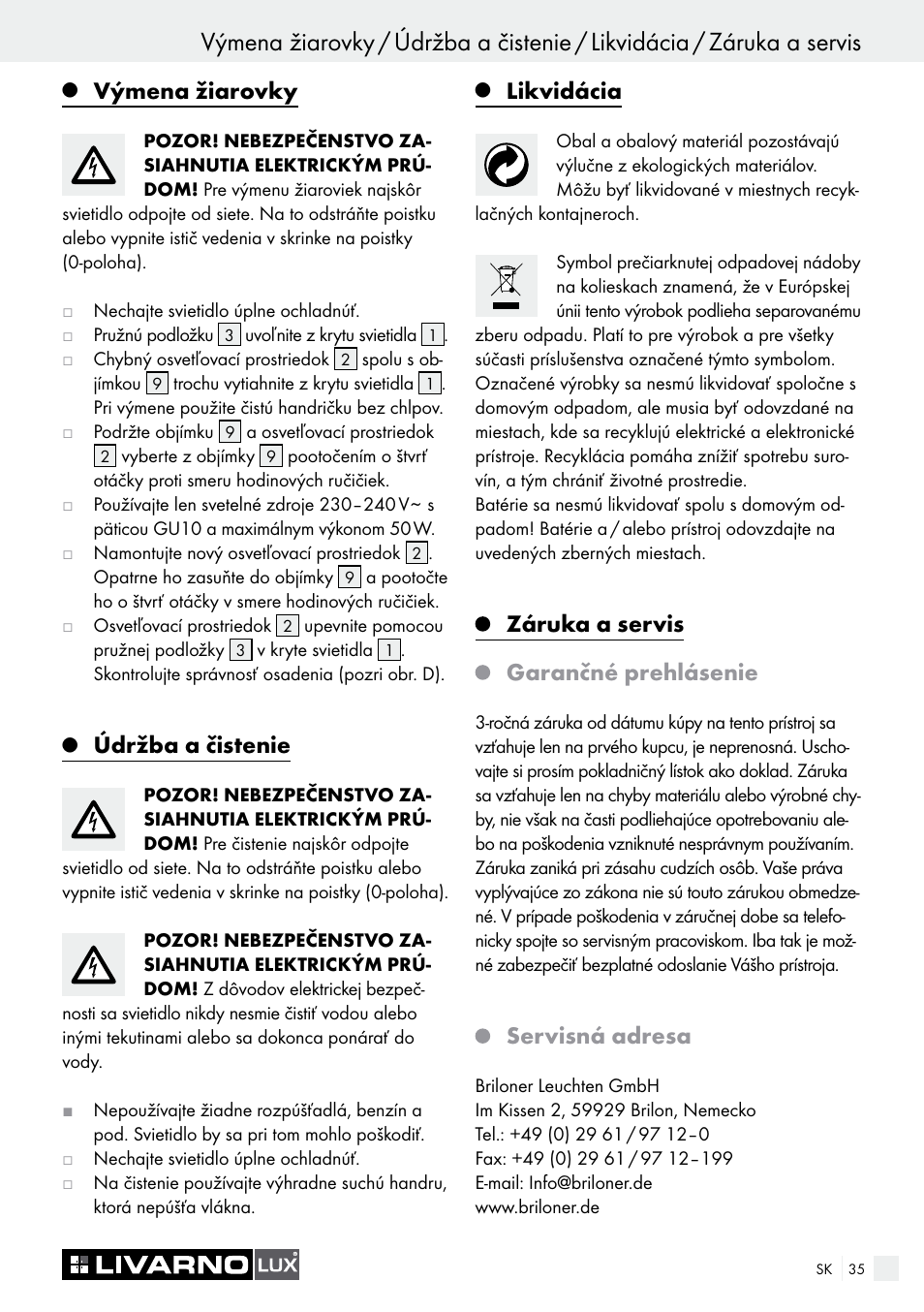 Výmena žiarovky, Údržba a čistenie, Likvidácia | Záruka a servis garančné prehlásenie, Servisná adresa | Livarno 7211 User Manual | Page 35 / 43