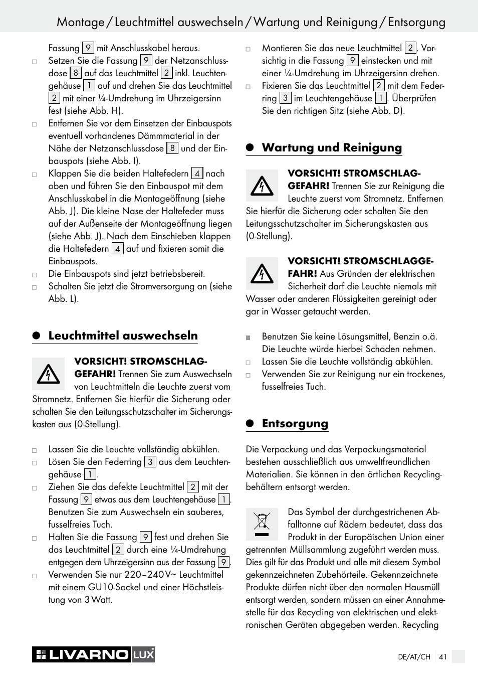 Leuchtmittel auswechseln, Wartung und reinigung, Entsorgung | Livarno 7211 User Manual | Page 41 / 43