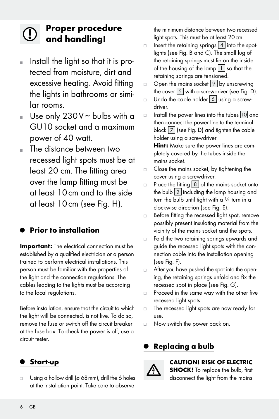 Prior to installation, Start-up, Replacing a bulb | Livarno Z31669 User Manual | Page 6 / 17