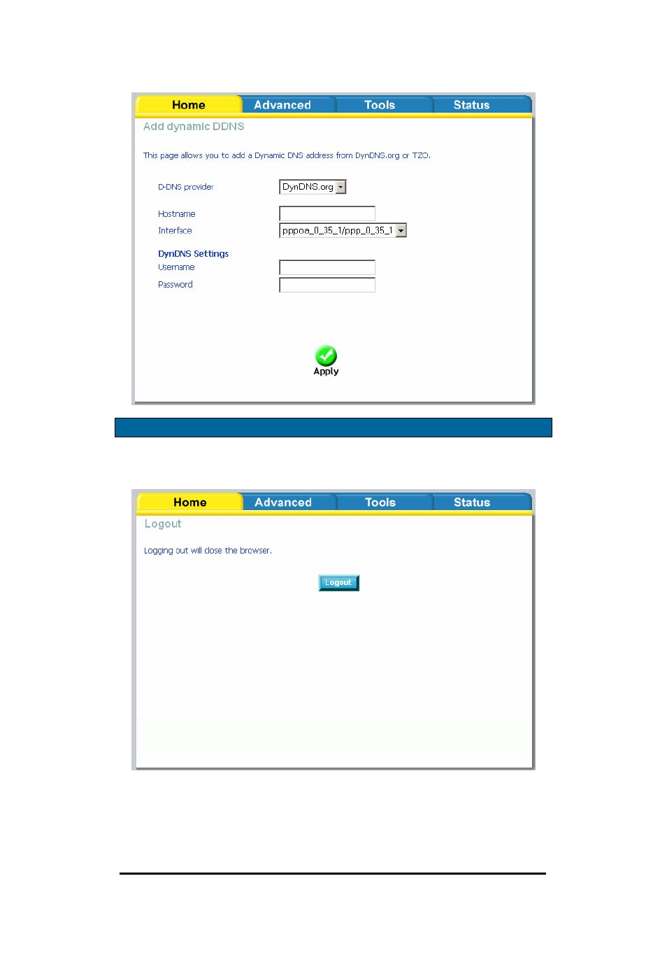 Logout | D-Link Wireless ADSL2/2+ 4-port Ethernet Router DSL-2640U User Manual | Page 29 / 84