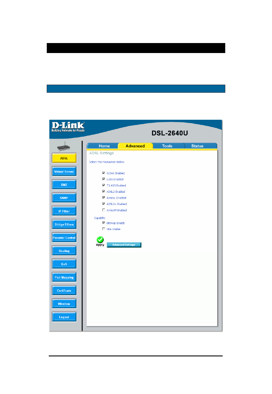 Advanced setup, Adsl | D-Link Wireless ADSL2/2+ 4-port Ethernet Router DSL-2640U User Manual | Page 30 / 84