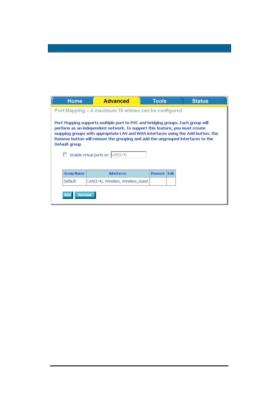 Port mapping | D-Link Wireless ADSL2/2+ 4-port Ethernet Router DSL-2640U User Manual | Page 49 / 84