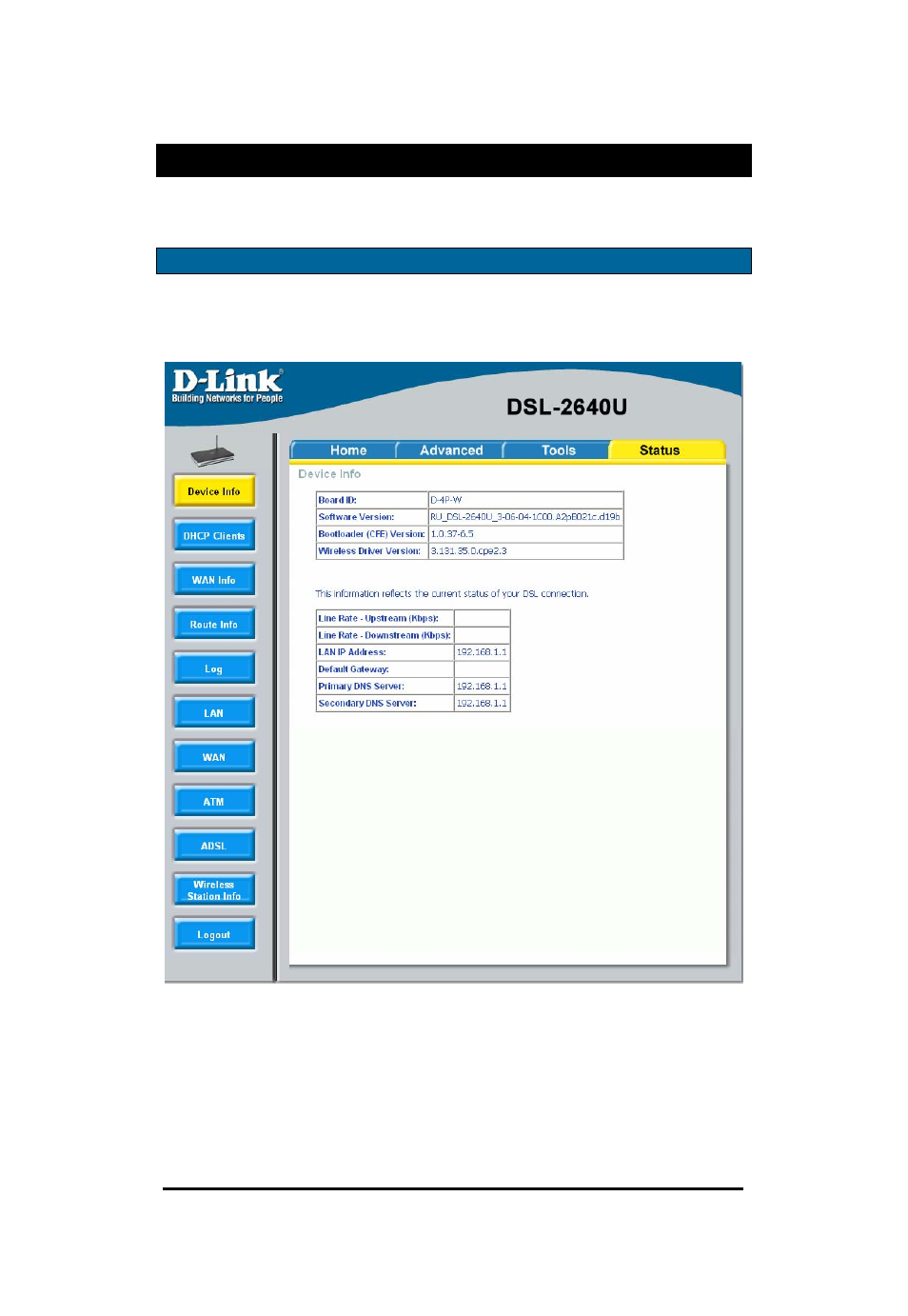 Status, Device info | D-Link Wireless ADSL2/2+ 4-port Ethernet Router DSL-2640U User Manual | Page 75 / 84