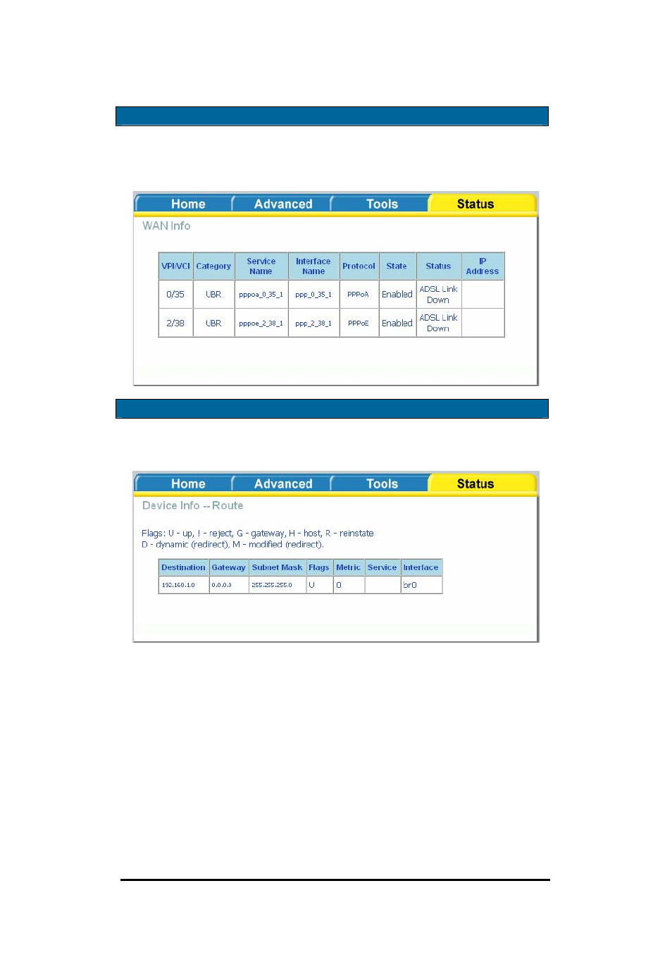 Wan info, Route info | D-Link Wireless ADSL2/2+ 4-port Ethernet Router DSL-2640U User Manual | Page 77 / 84