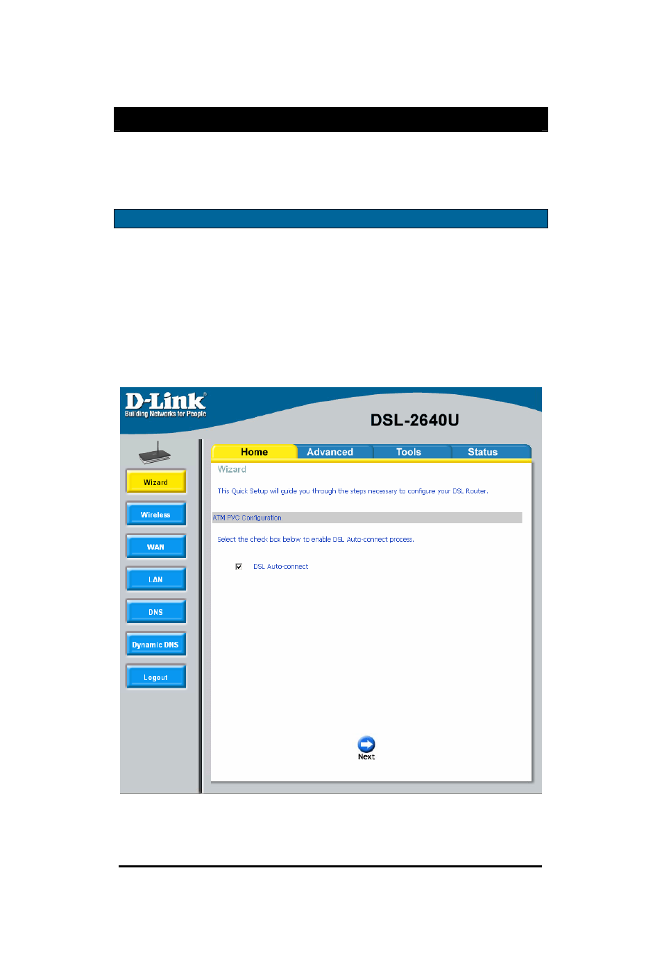 Home, Wizard | D-Link Wireless ADSL2/2+ 4-port Ethernet Router DSL-2640U User Manual | Page 9 / 84