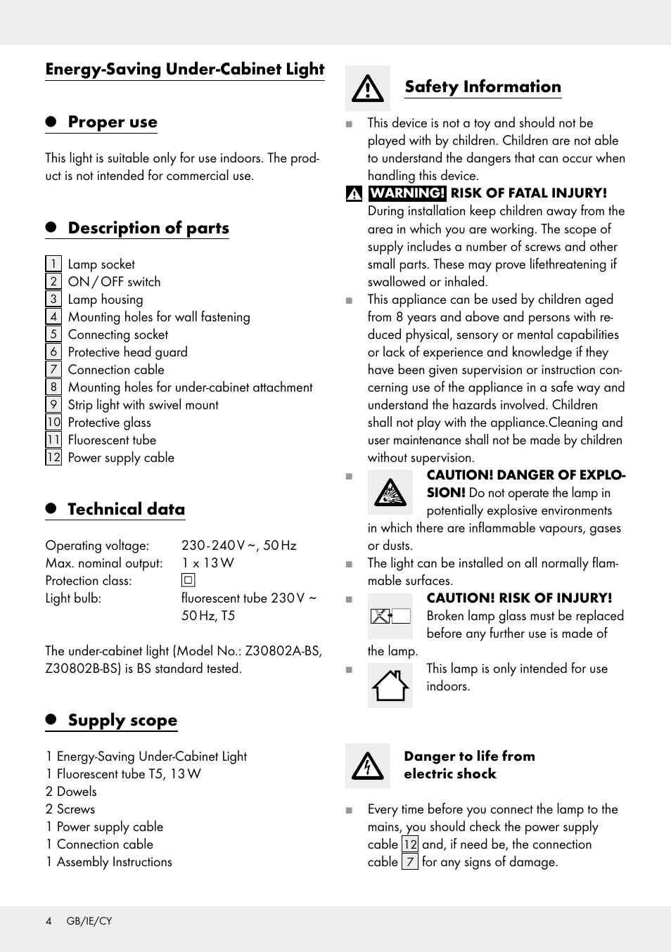 Energy-saving under-cabinet light, Proper use, Description of parts | Technical data, Supply scope, Safety information | Livarno Z30802A-BS Z30802B-BS User Manual | Page 4 / 15