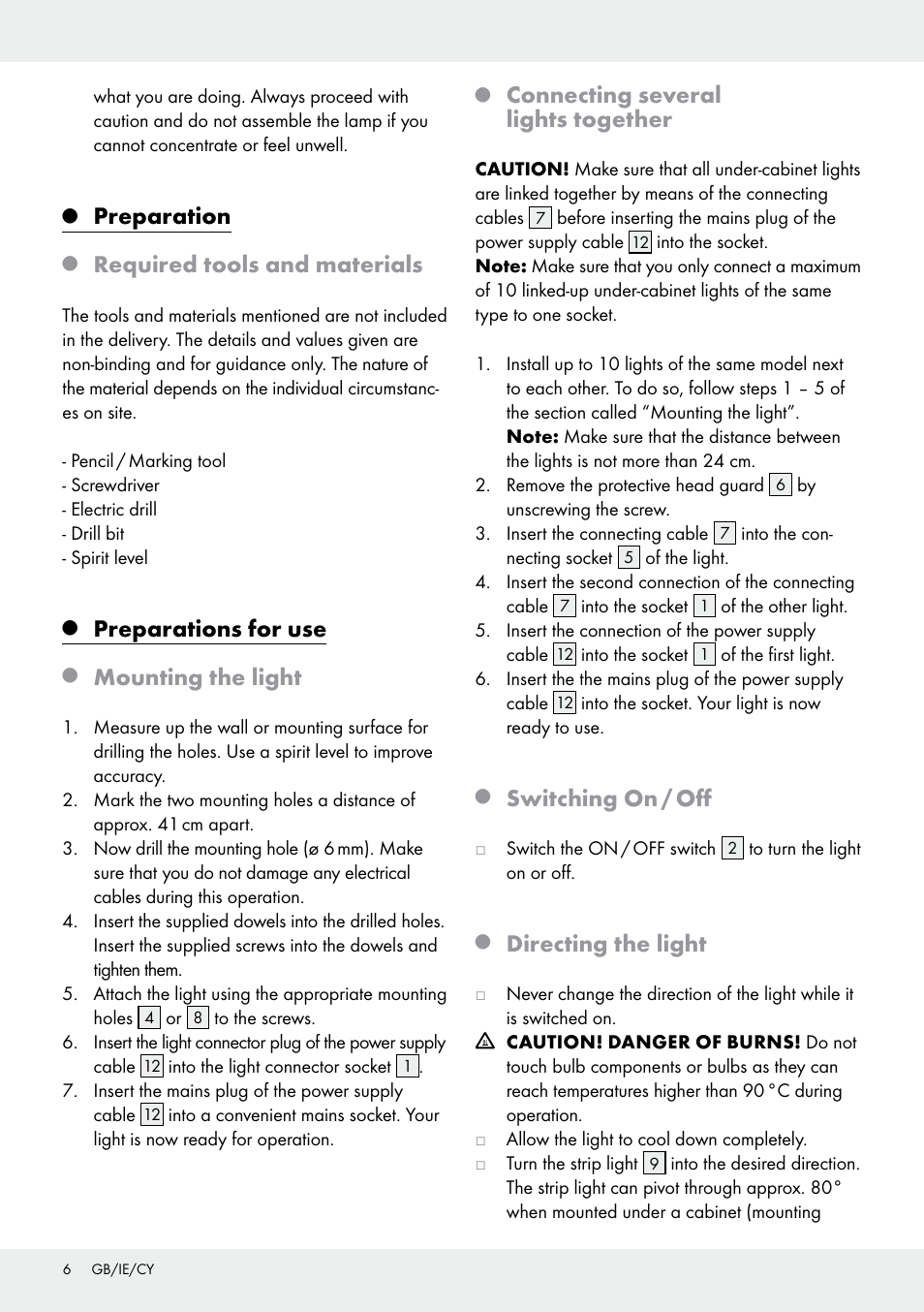 Preparation, Required tools and materials, Preparations for use | Mounting the light, Connecting several lights together, Switching on / off, Directing the light | Livarno Z30802A-BS Z30802B-BS User Manual | Page 6 / 15