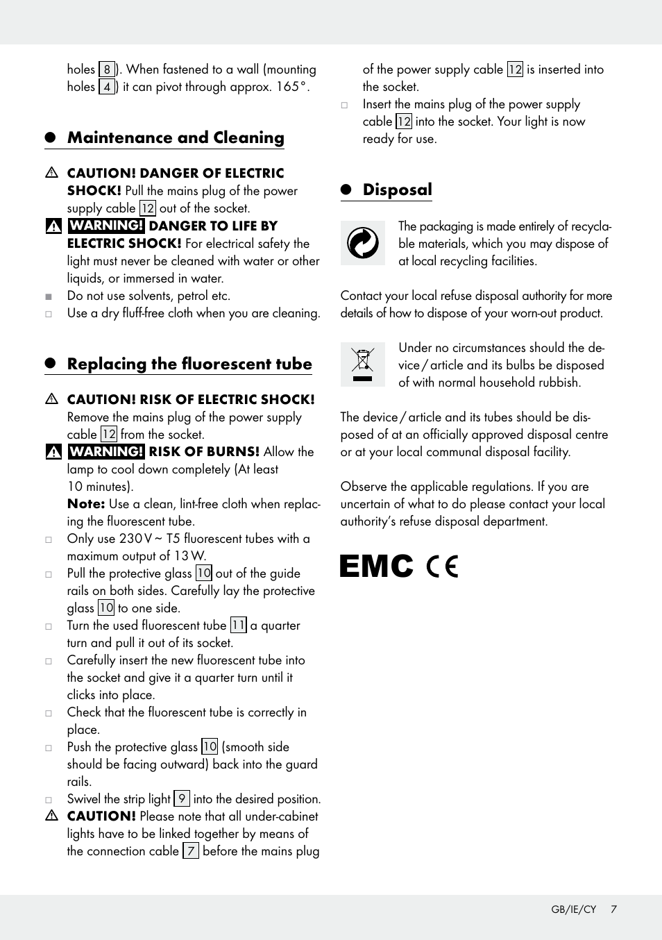 Maintenance and cleaning, Replacing the fluorescent tube, Disposal | Livarno Z30802A-BS Z30802B-BS User Manual | Page 7 / 15