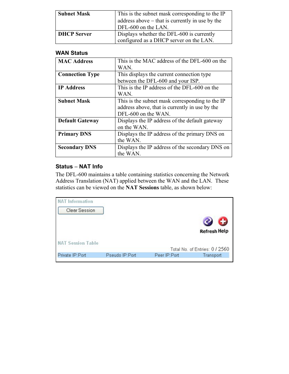 Wan status, Mac address, Status ( nat info | D-Link DFL-600 User Manual | Page 101 / 131