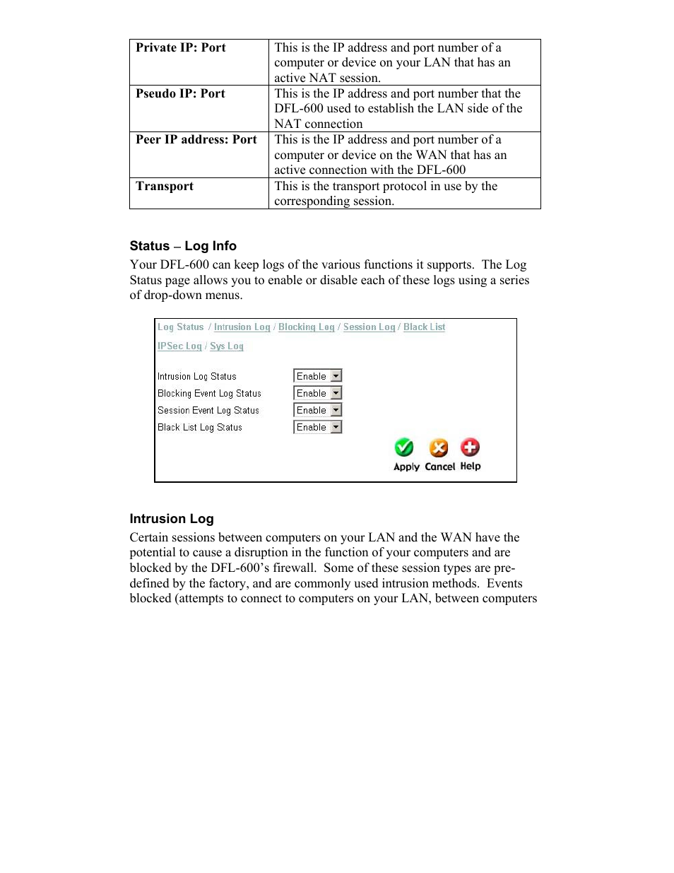 Private ip: port, Pseudo ip: port, Status ( log info | Intrusion log | D-Link DFL-600 User Manual | Page 102 / 131
