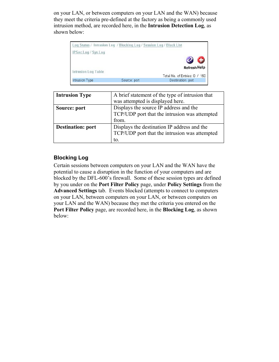 Intrusion type, Blocking log | D-Link DFL-600 User Manual | Page 103 / 131