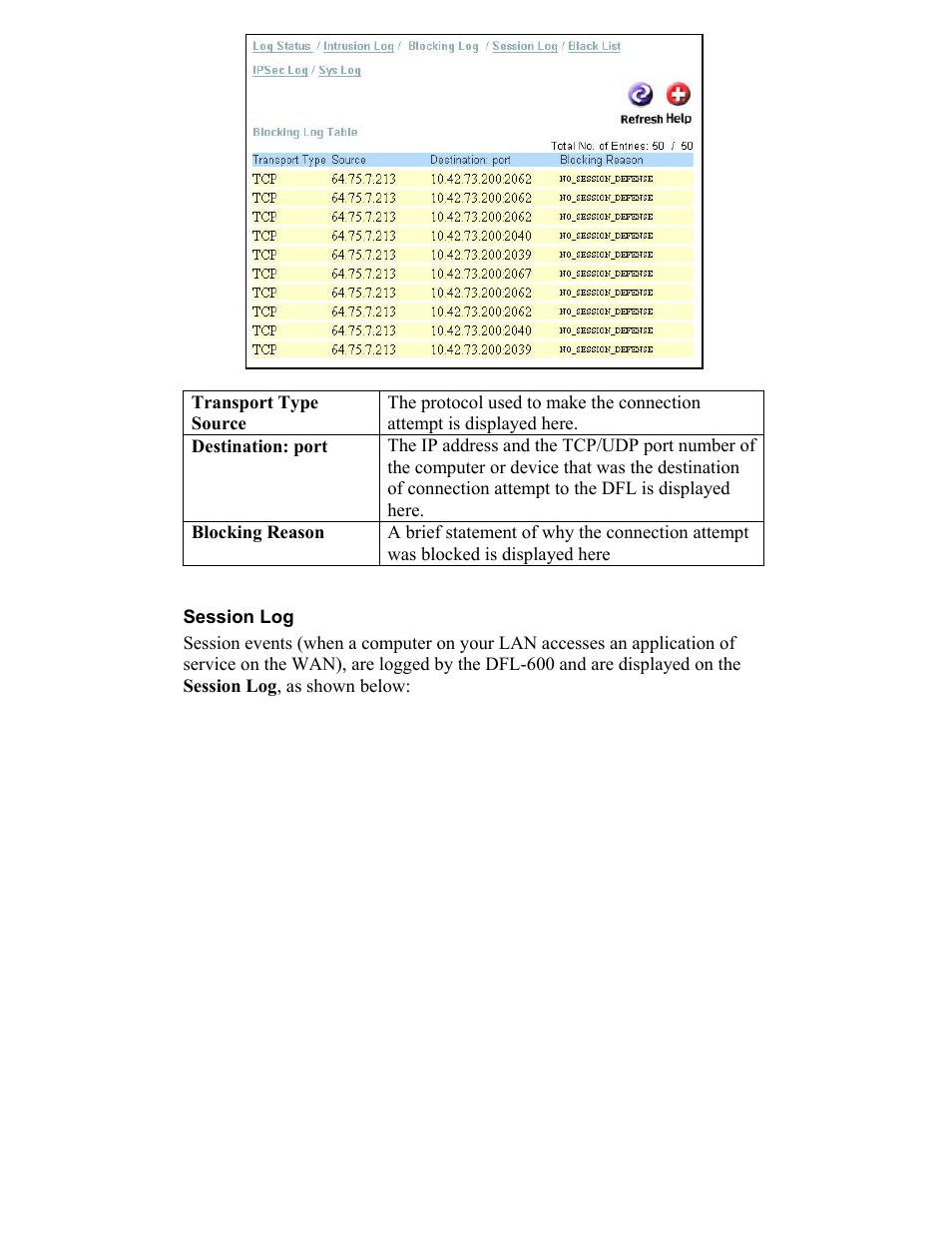 Transport type source, Session log | D-Link DFL-600 User Manual | Page 104 / 131