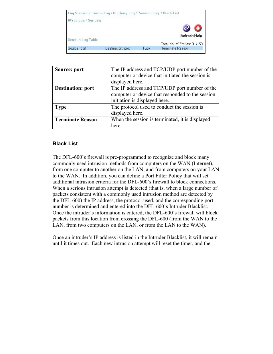 Source: port, Black list | D-Link DFL-600 User Manual | Page 105 / 131