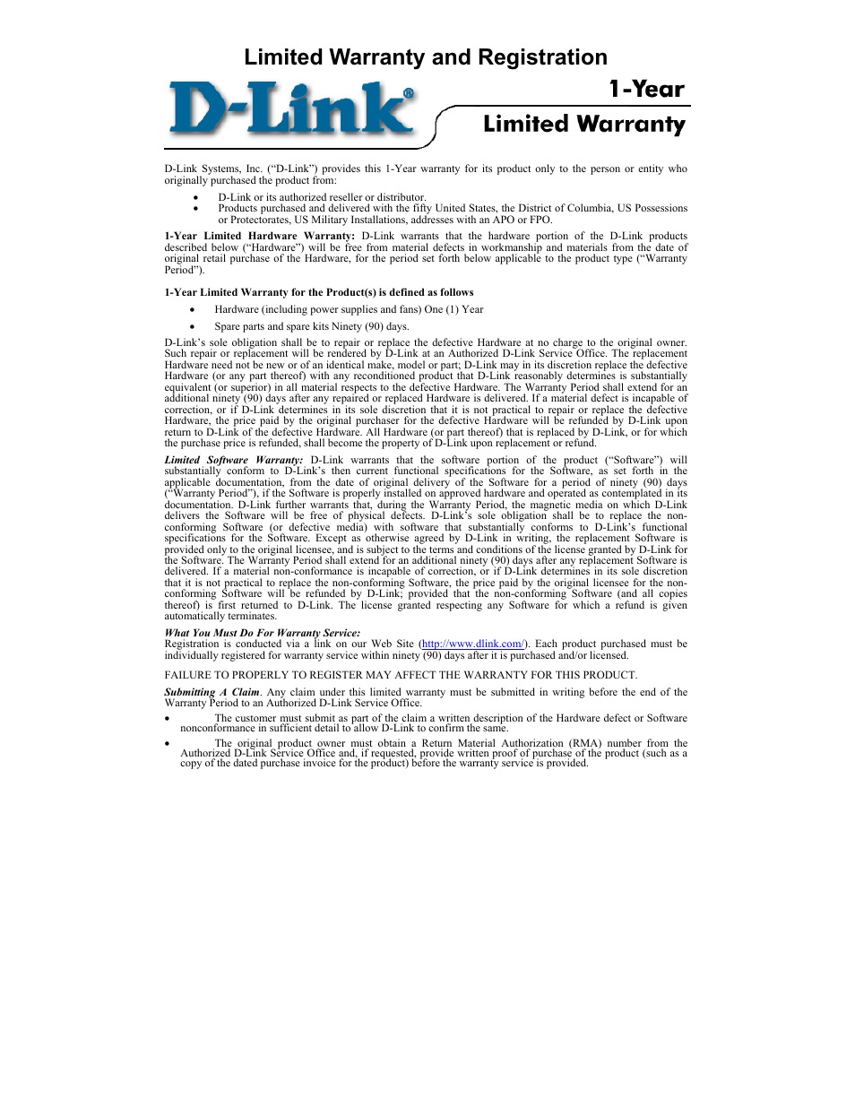 Limited warranty and registration, Contacting technical support, Li n mited warranty and registratio | D-Link DFL-600 User Manual | Page 129 / 131