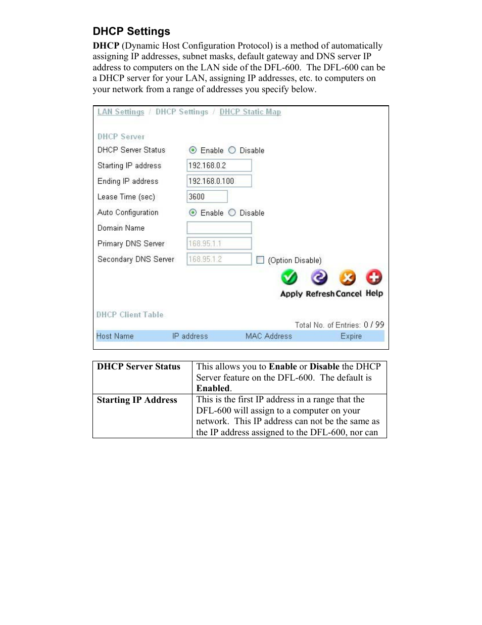 Dhcp settings, Dhcp server status | D-Link DFL-600 User Manual | Page 29 / 131
