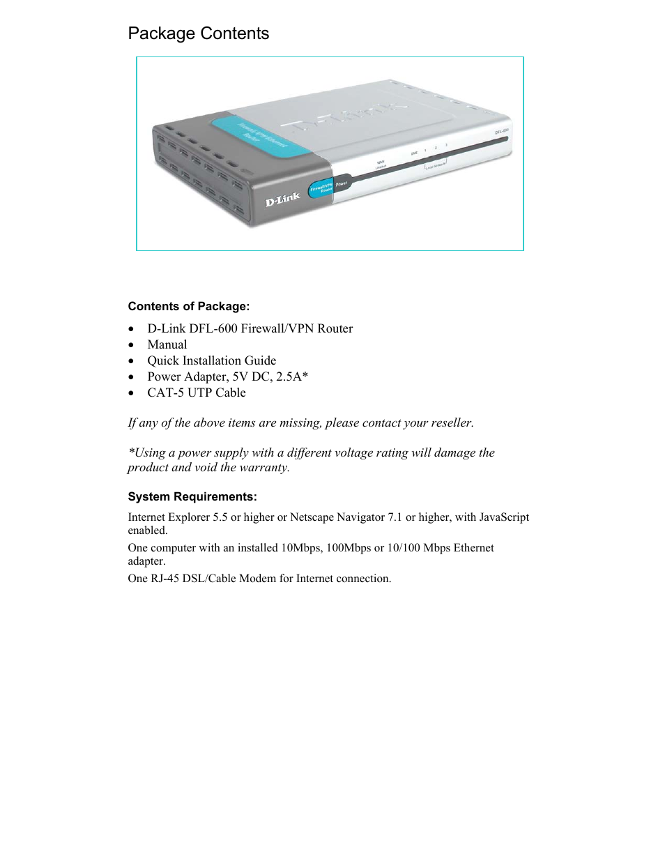 Package contents | D-Link DFL-600 User Manual | Page 3 / 131