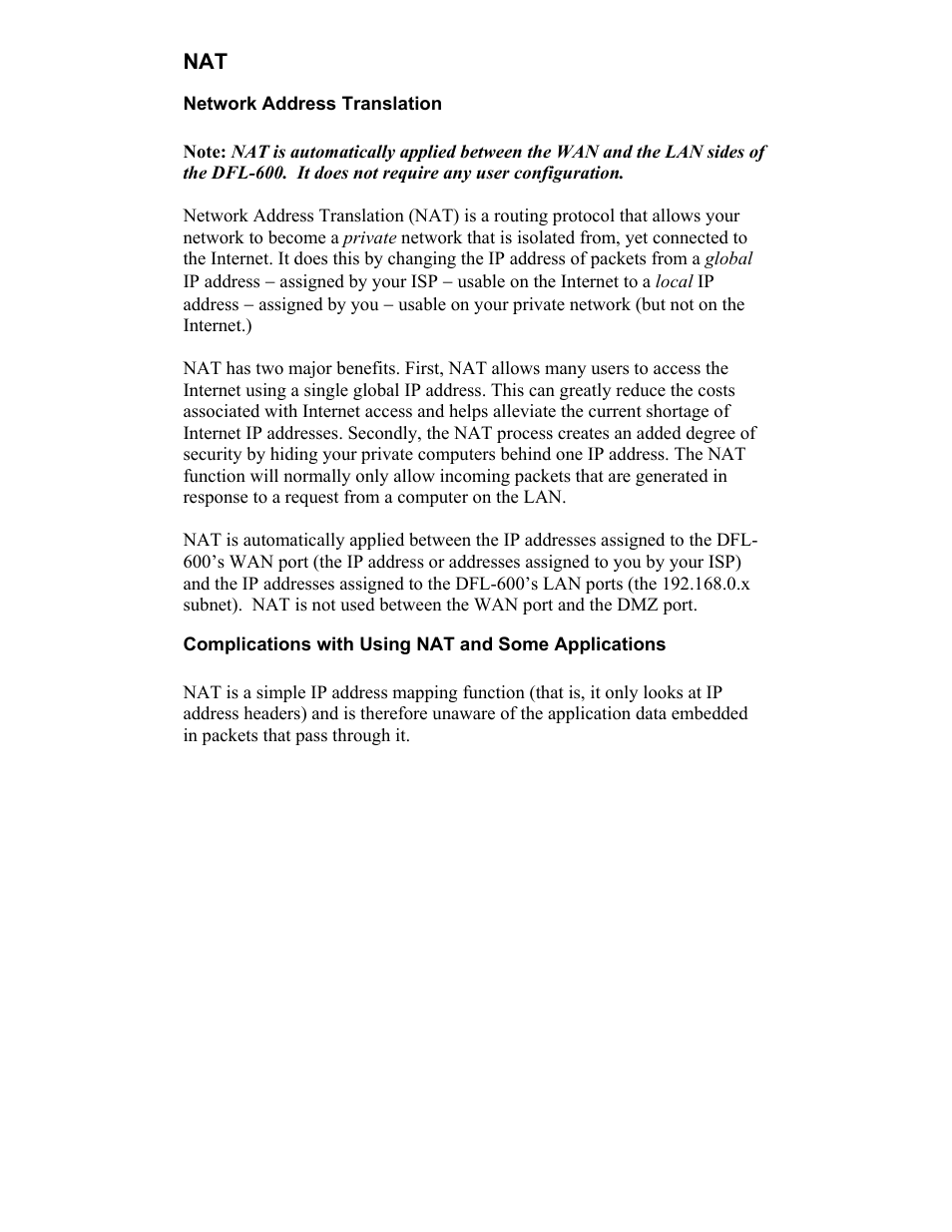 Network address translation, Complications with using nat and some applications | D-Link DFL-600 User Manual | Page 33 / 131