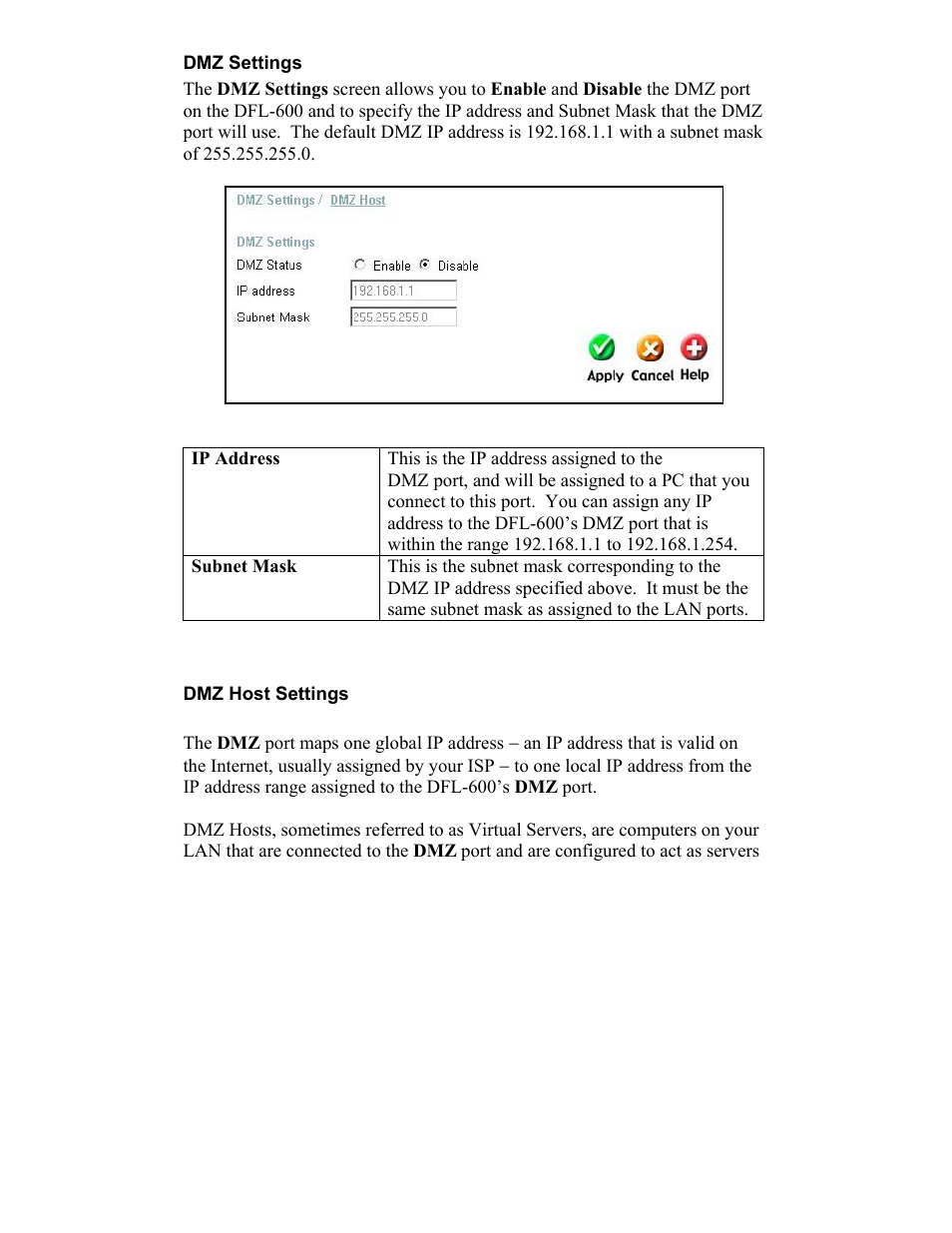 Dmz settings, Ip address, Dmz host settings | D-Link DFL-600 User Manual | Page 35 / 131