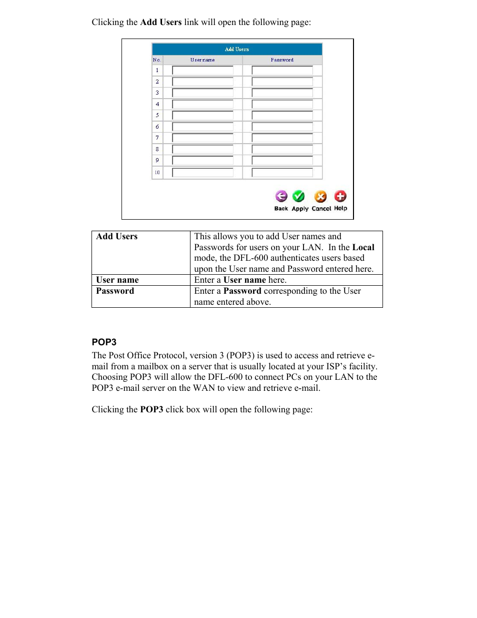 Add users, User name, Password | Pop3 | D-Link DFL-600 User Manual | Page 41 / 131