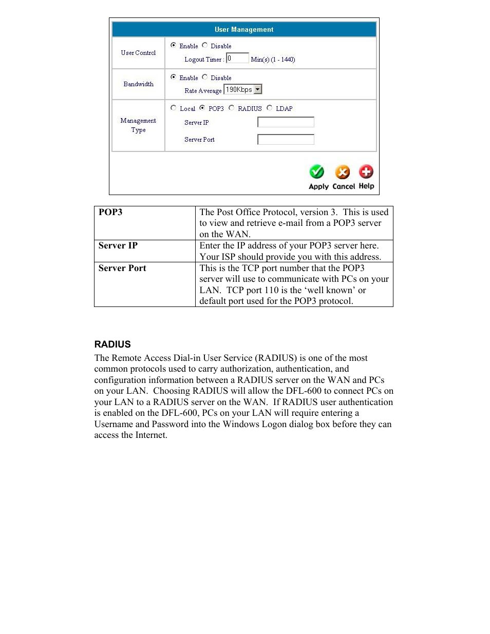 Pop3, Server ip, Server port | Radius | D-Link DFL-600 User Manual | Page 42 / 131