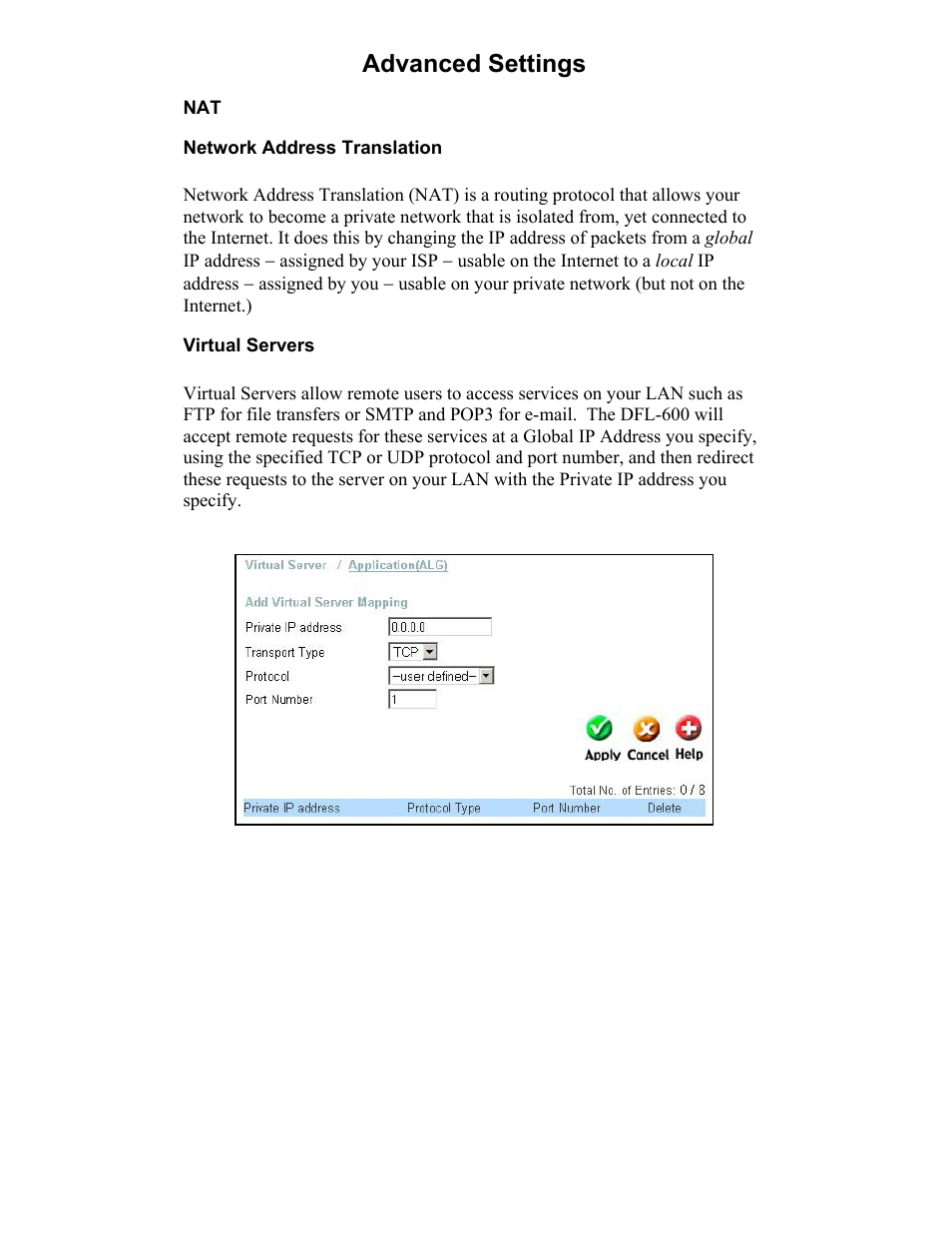 Advanced settings, Network address translation, Virtual servers | D-Link DFL-600 User Manual | Page 49 / 131