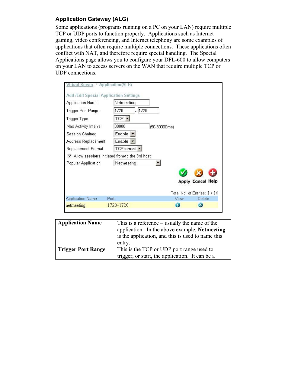 Application gateway (alg), Application name | D-Link DFL-600 User Manual | Page 51 / 131