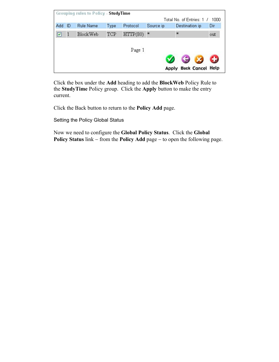 Setting the policy global status | D-Link DFL-600 User Manual | Page 65 / 131