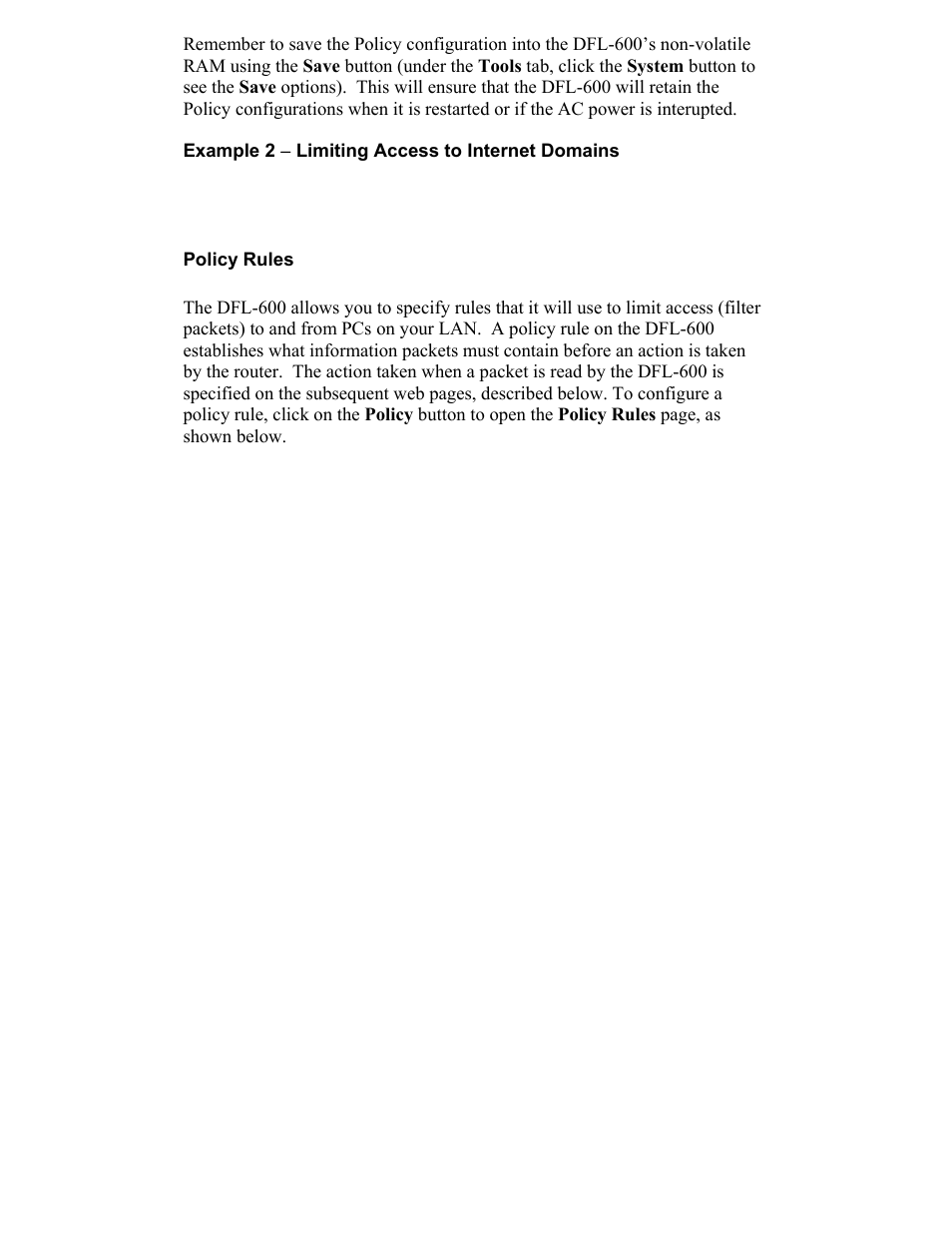 Example 2 ( limiting access to internet domains, Policy rules | D-Link DFL-600 User Manual | Page 67 / 131