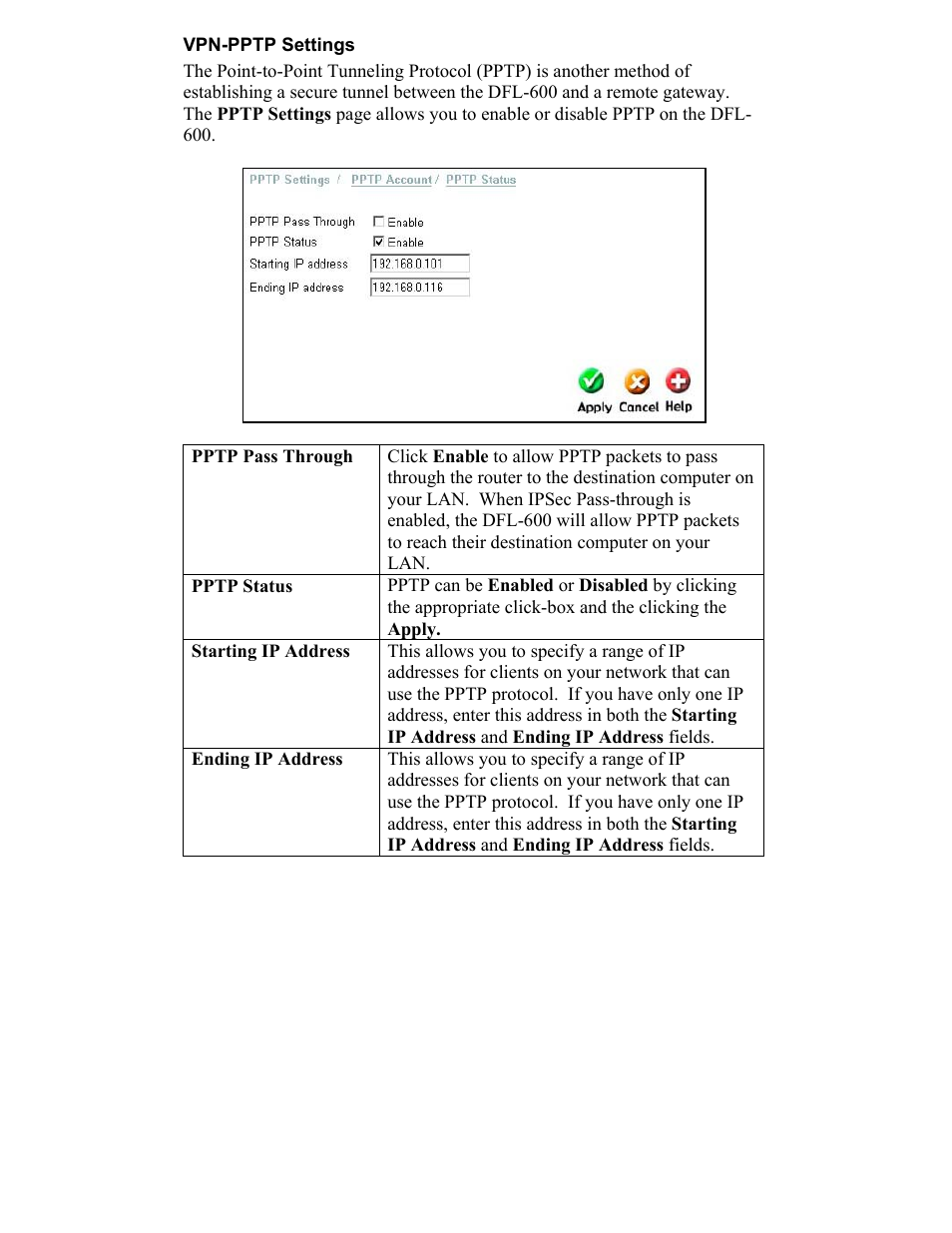 Vpn-pptp settings, Pptp pass through, Pptp status | D-Link DFL-600 User Manual | Page 89 / 131