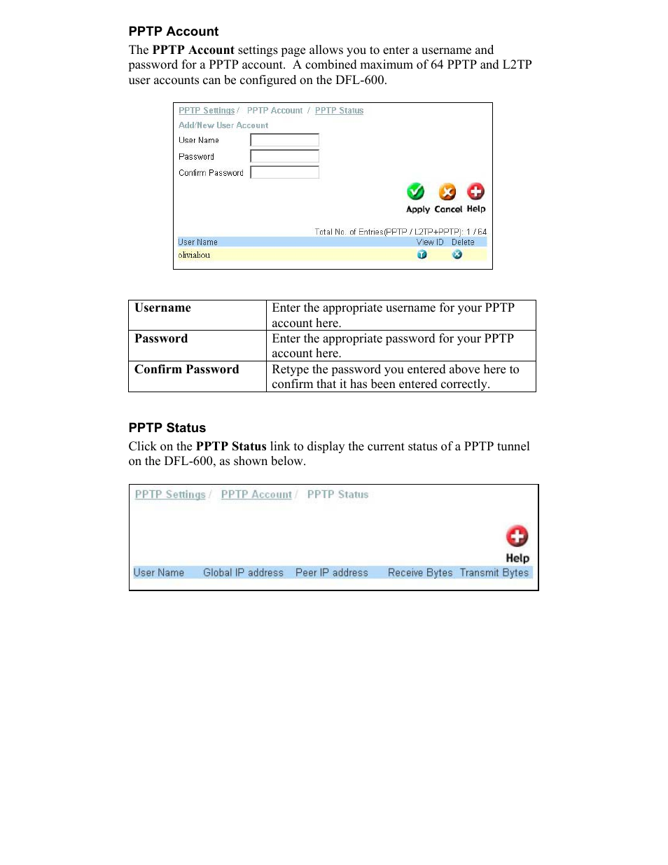 Pptp account, Pptp status | D-Link DFL-600 User Manual | Page 90 / 131