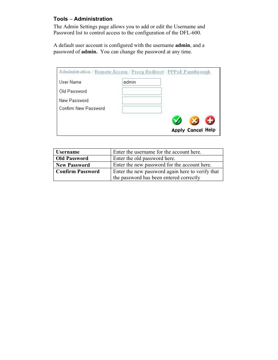 Tools ( administration, Username, Old password | D-Link DFL-600 User Manual | Page 94 / 131