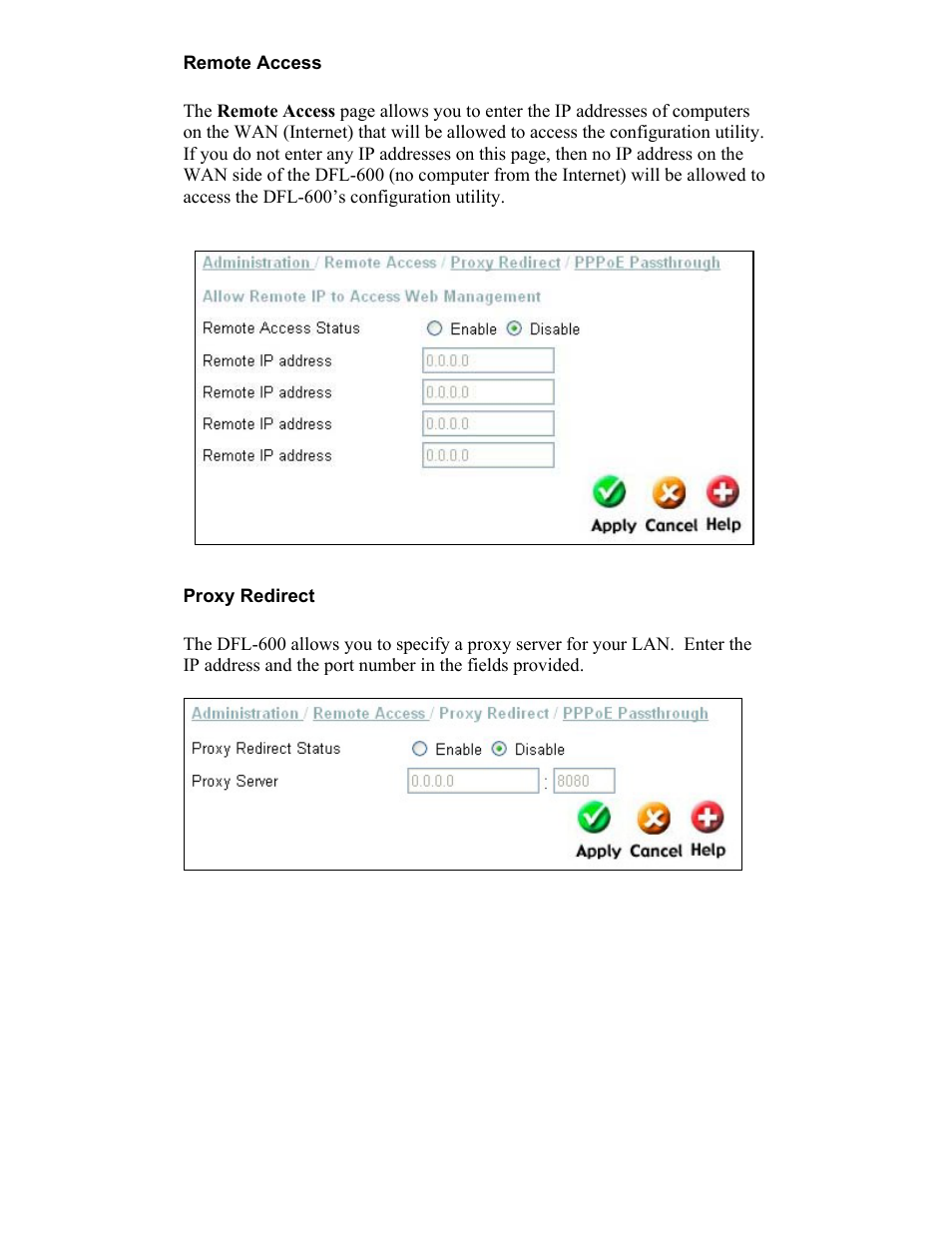 Remote access, Proxy redirect | D-Link DFL-600 User Manual | Page 95 / 131