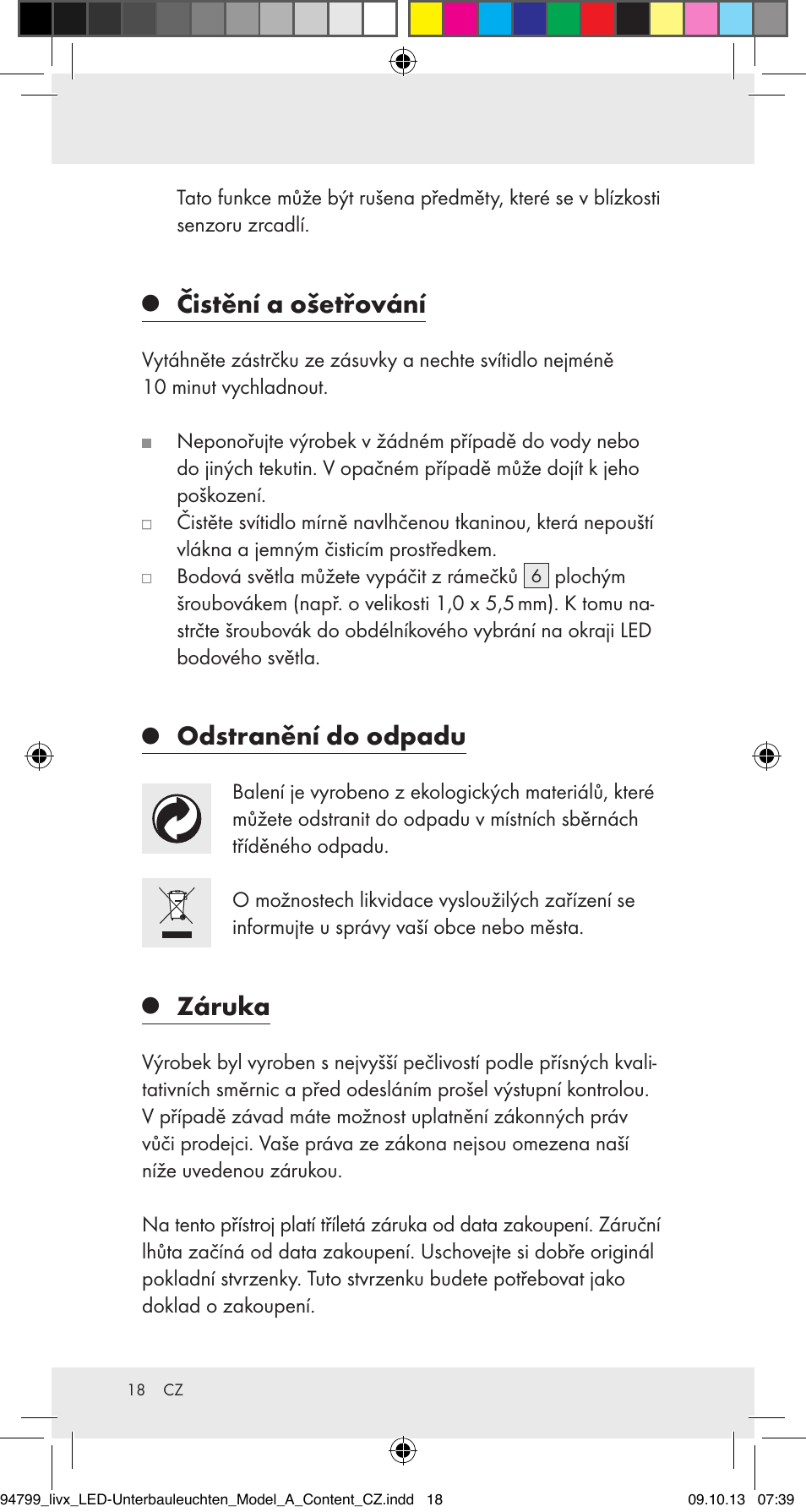 Čistění a ošetřování, Odstranění do odpadu, Záruka | Livarno Z31791A User Manual | Page 18 / 27