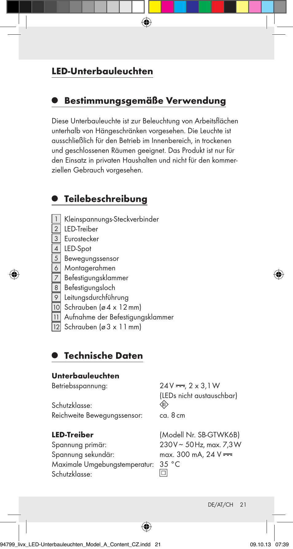 Led-unterbauleuchten, Bestimmungsgemäße verwendung, Teilebeschreibung | Technische daten | Livarno Z31791A User Manual | Page 21 / 27