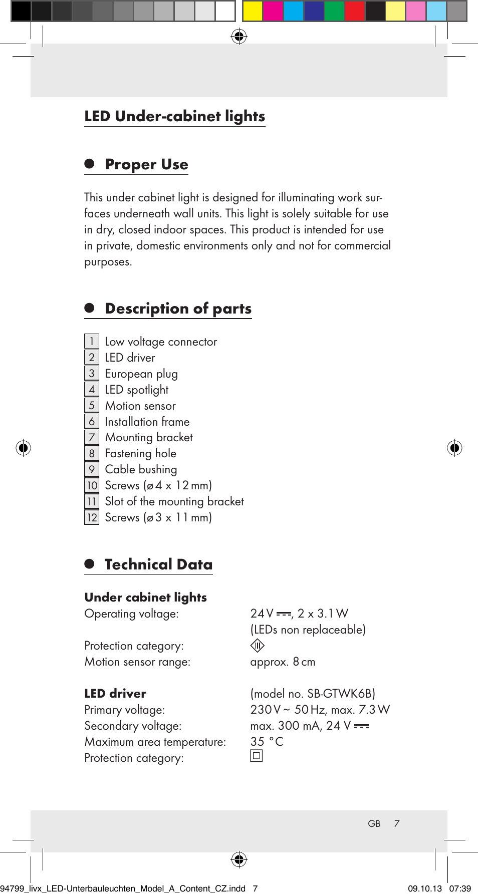Led under-cabinet lights, Proper use, Description of parts | Technical data | Livarno Z31791A User Manual | Page 7 / 27