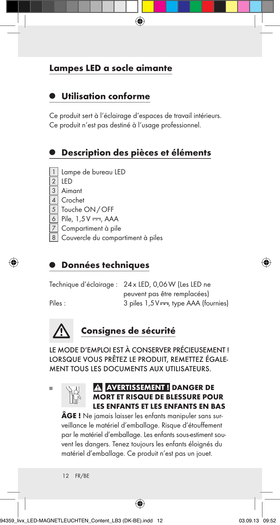 Lampes led a socle aimante, Utilisation conforme, Description des pièces et éléments | Données techniques, Consignes de sécurité | Livarno Z31792 User Manual | Page 12 / 27