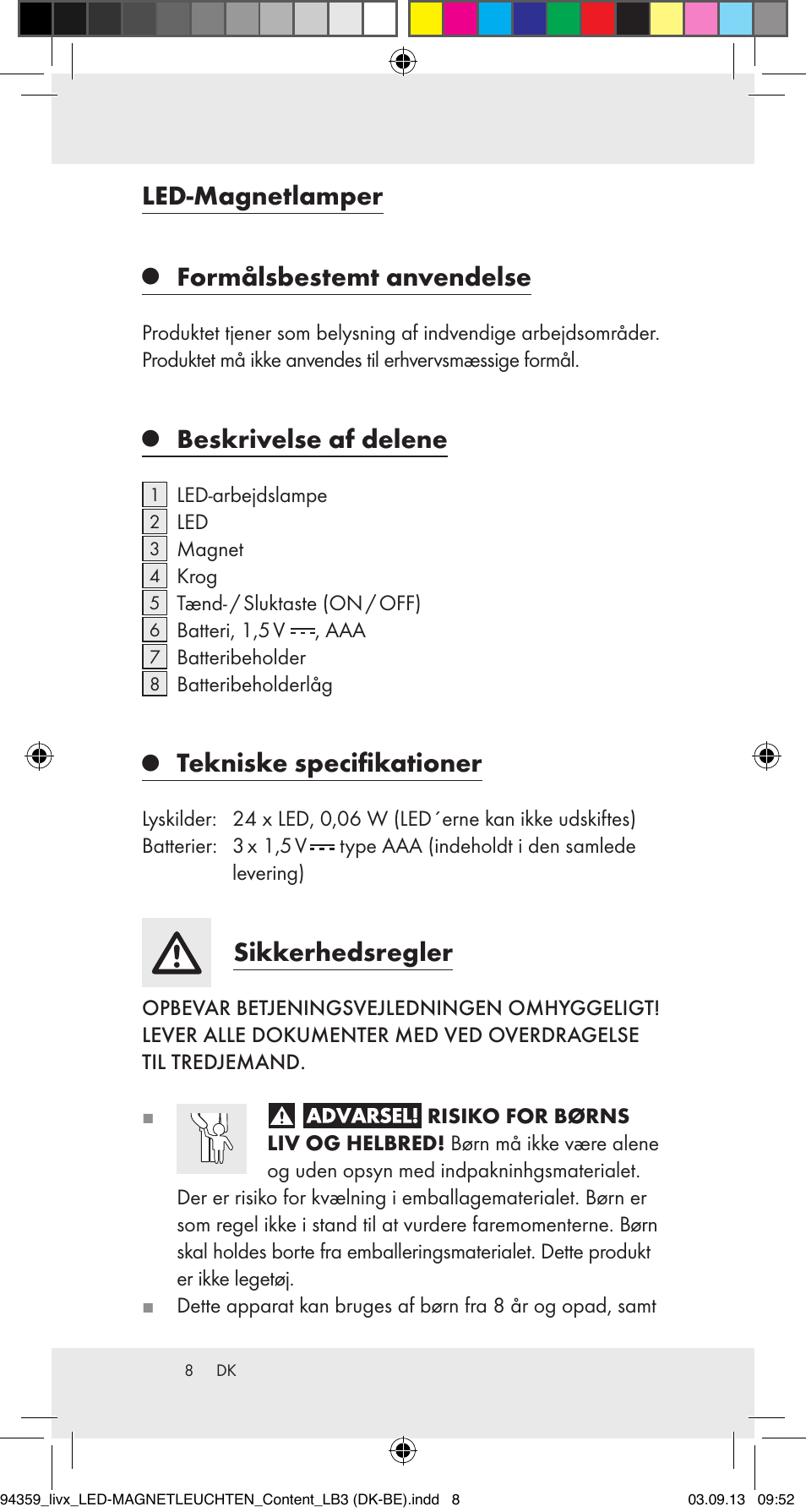 Led-magnetlamper, Formålsbestemt anvendelse, Beskrivelse af delene | Tekniske specifikationer, Sikkerhedsregler | Livarno Z31792 User Manual | Page 8 / 27