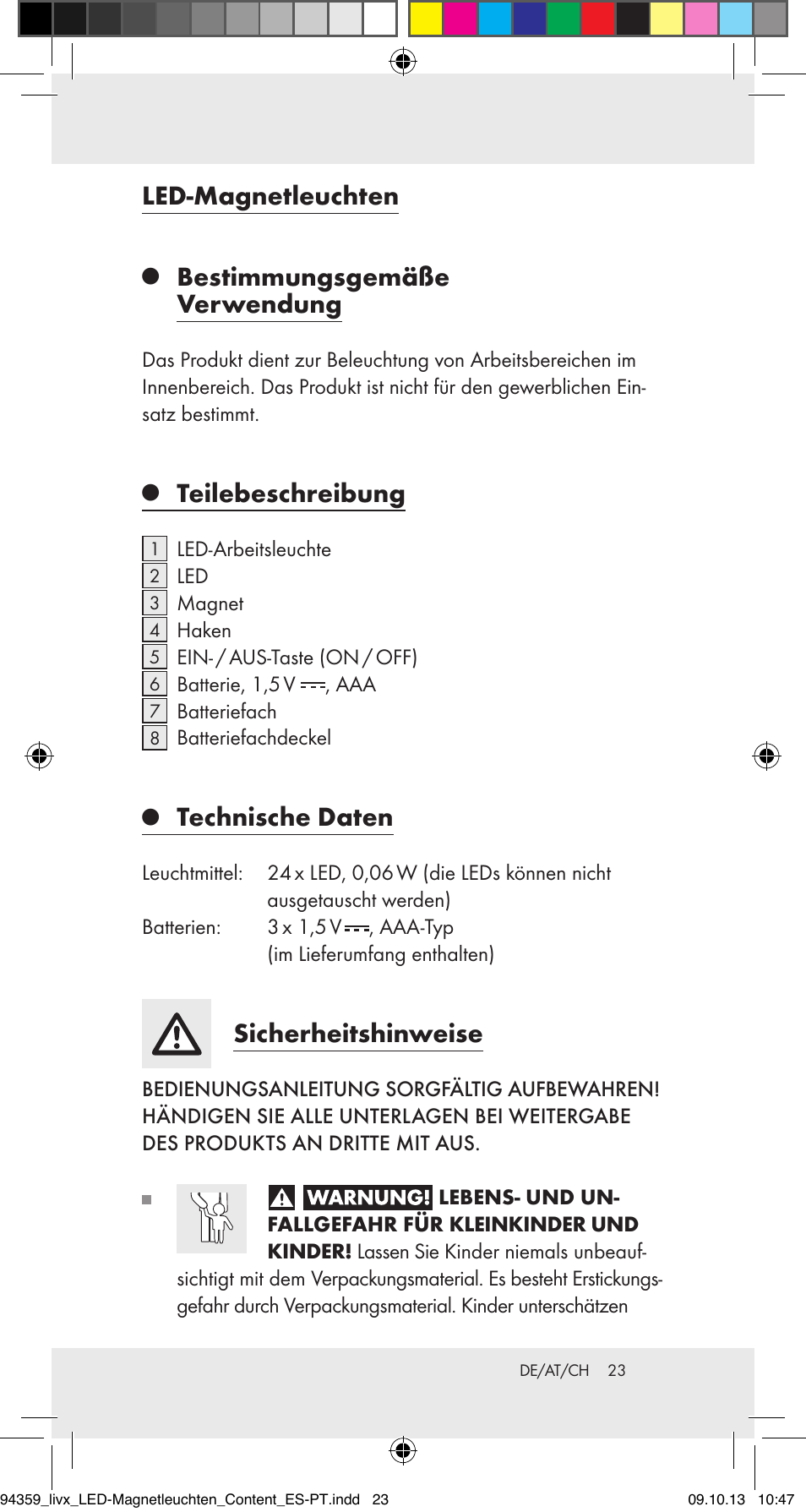 Led-magnetleuchten, Bestimmungsgemäße verwendung, Teilebeschreibung | Technische daten, Sicherheitshinweise | Livarno Z31792 User Manual | Page 23 / 28