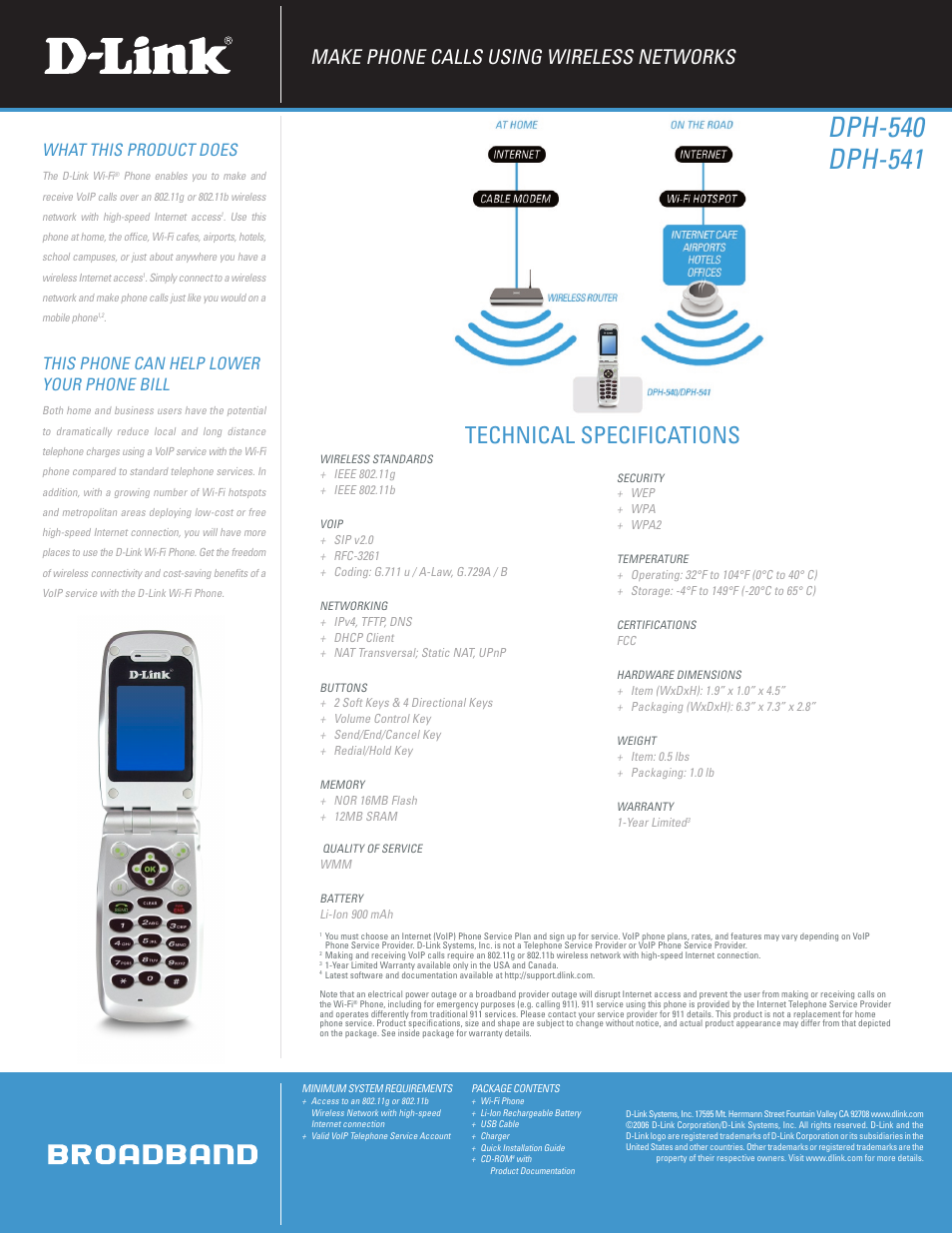 Technical specifications, Make phone calls using wireless networks, What this product does | This phone can help lower your phone bill | D-Link BROADBAND DPH-540 User Manual | Page 2 / 2