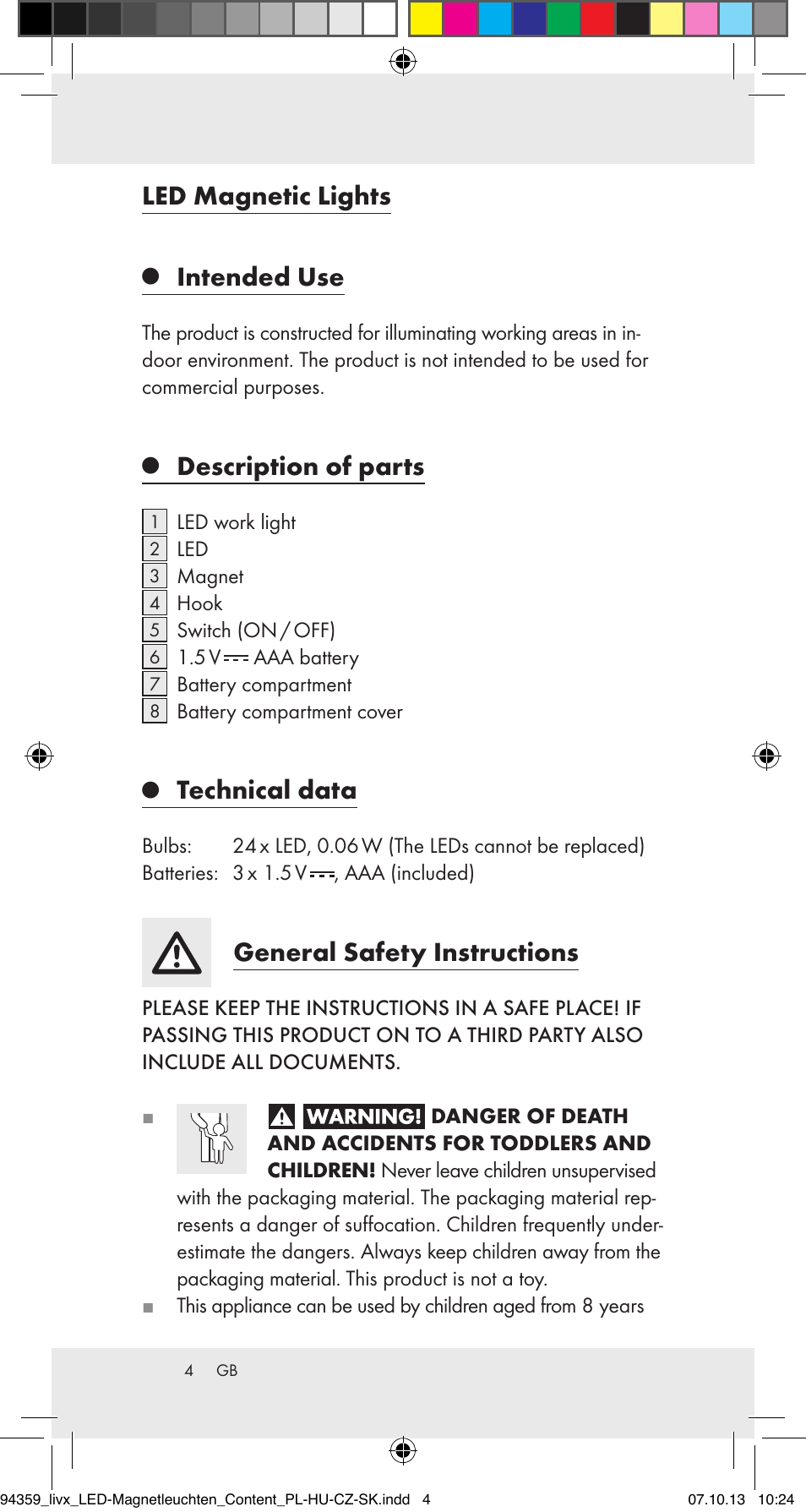 Led magnetic lights, Intended use, Description of parts | Technical data, General safety instructions | Livarno Z31792 User Manual | Page 4 / 32