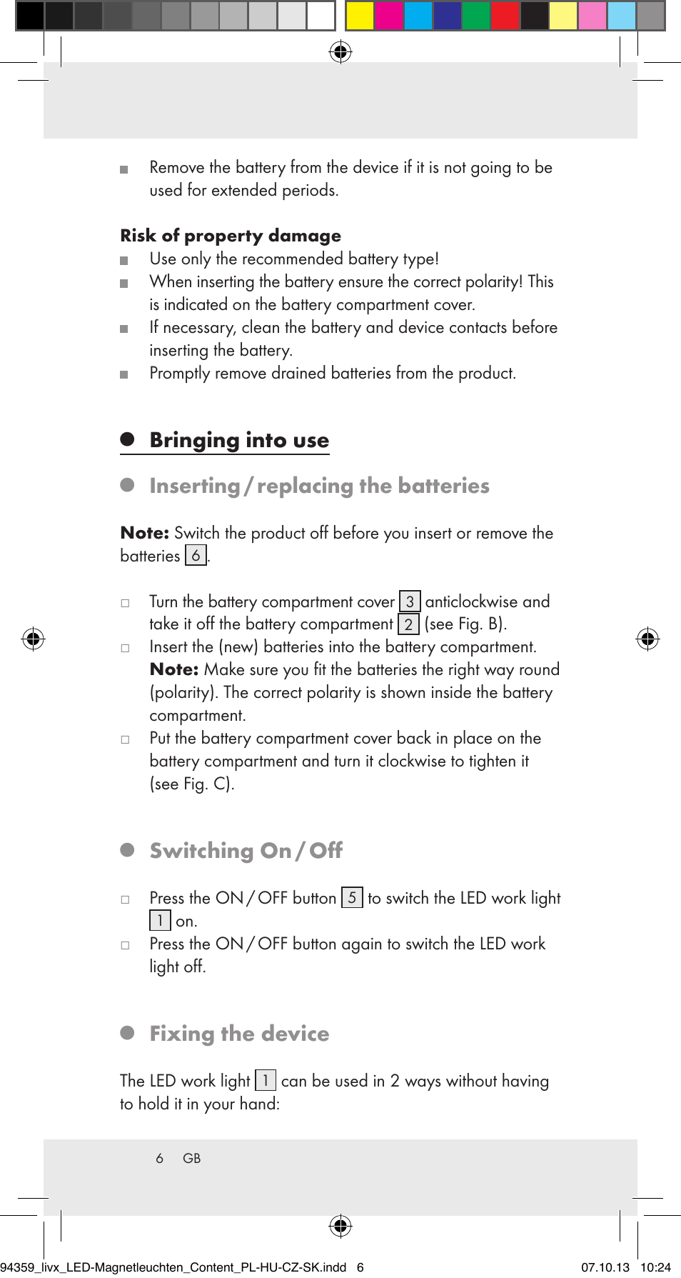 Bringing into use, Inserting / replacing the batteries, Switching on / off | Fixing the device | Livarno Z31792 User Manual | Page 6 / 32