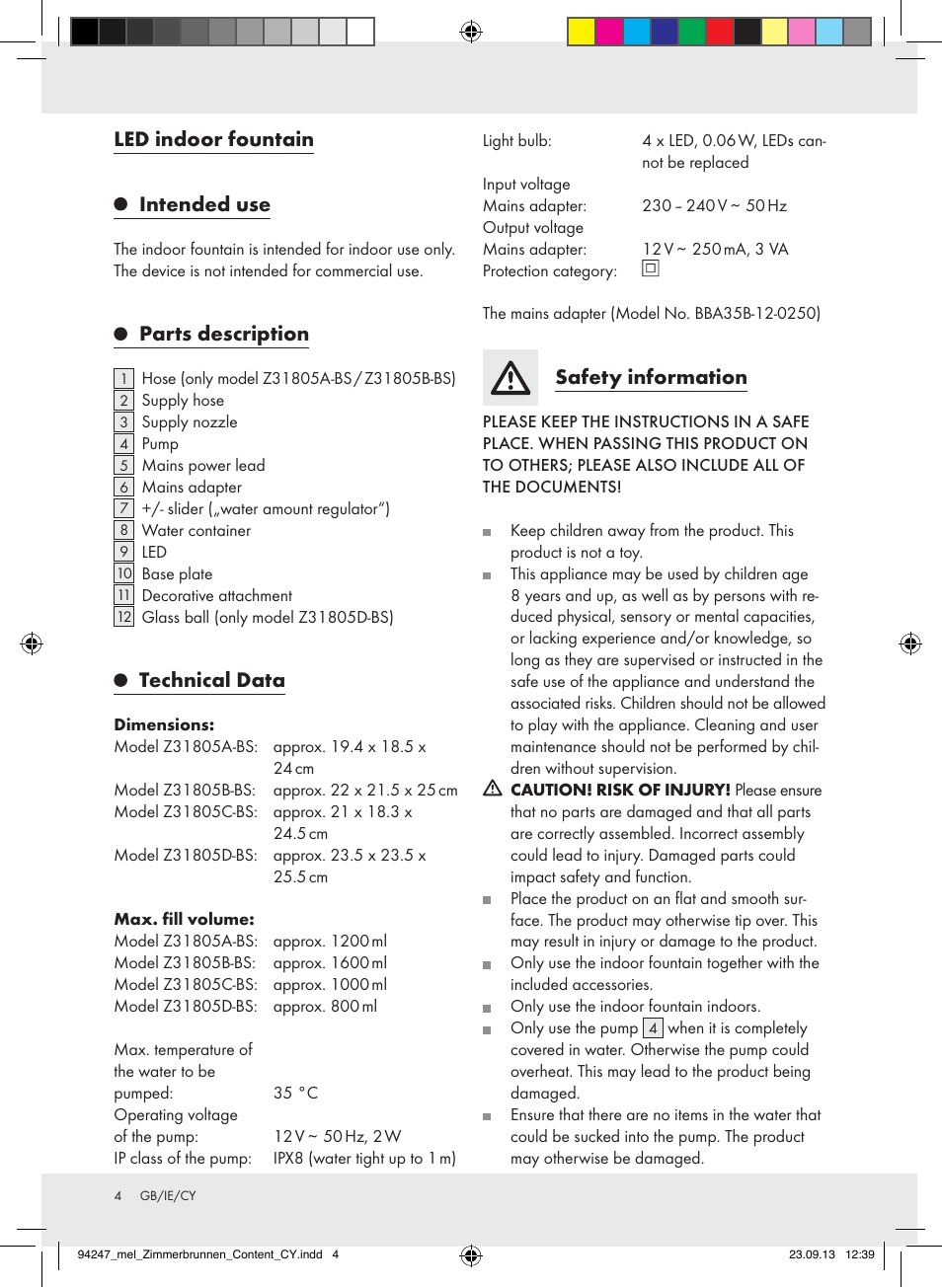 Led indoor fountain intended use, Parts description, Technical data | Safety information | Livarno Z31805A -BS/Z31805B -BS/Z31805C -BS/Z31805D -BS User Manual | Page 4 / 12