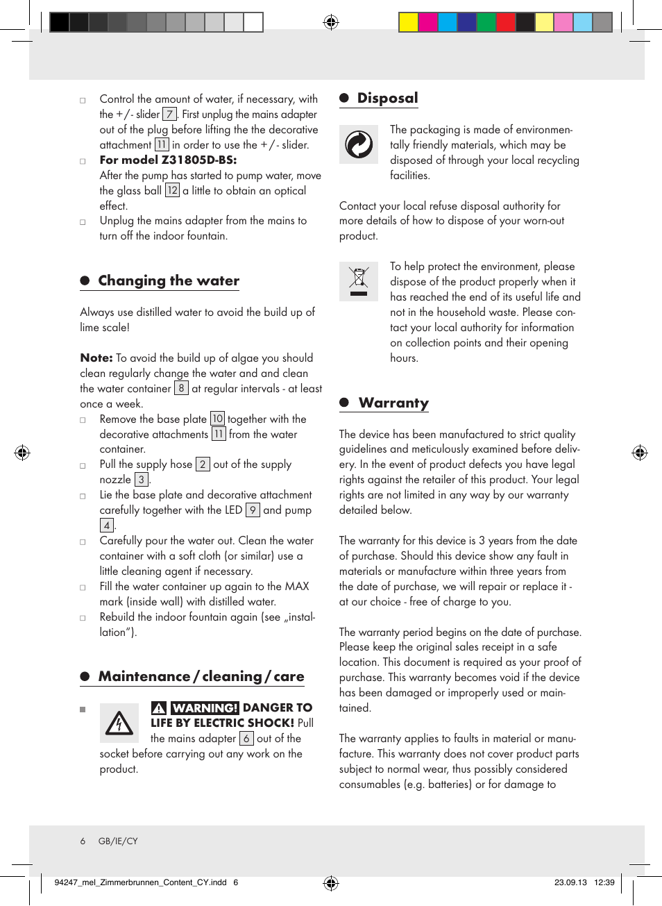 Changing the water, Maintenance / cleaning / care, Disposal | Warranty | Livarno Z31805A -BS/Z31805B -BS/Z31805C -BS/Z31805D -BS User Manual | Page 6 / 12