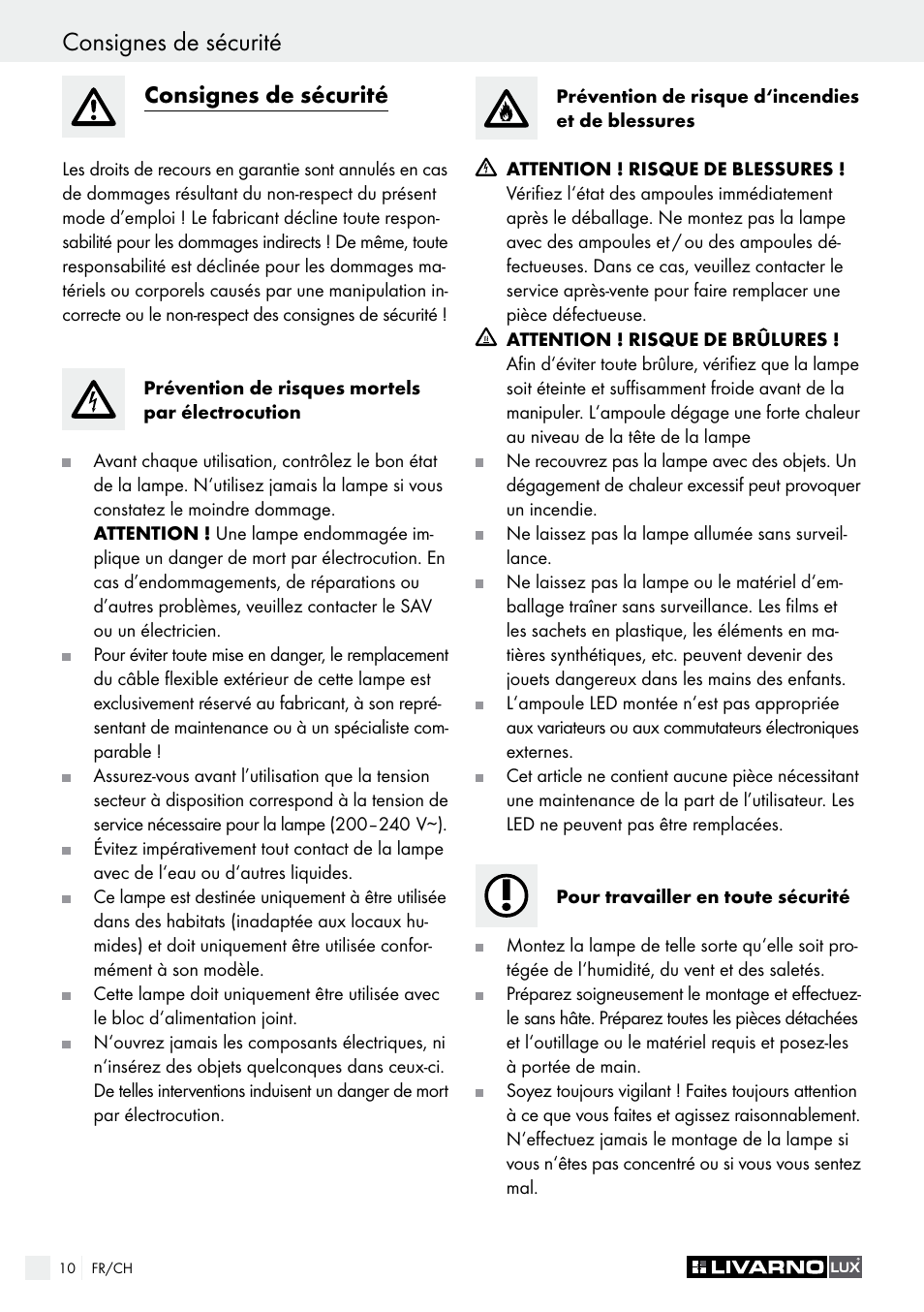 Consignes de sécurité | Livarno 1250-022L User Manual | Page 10 / 23