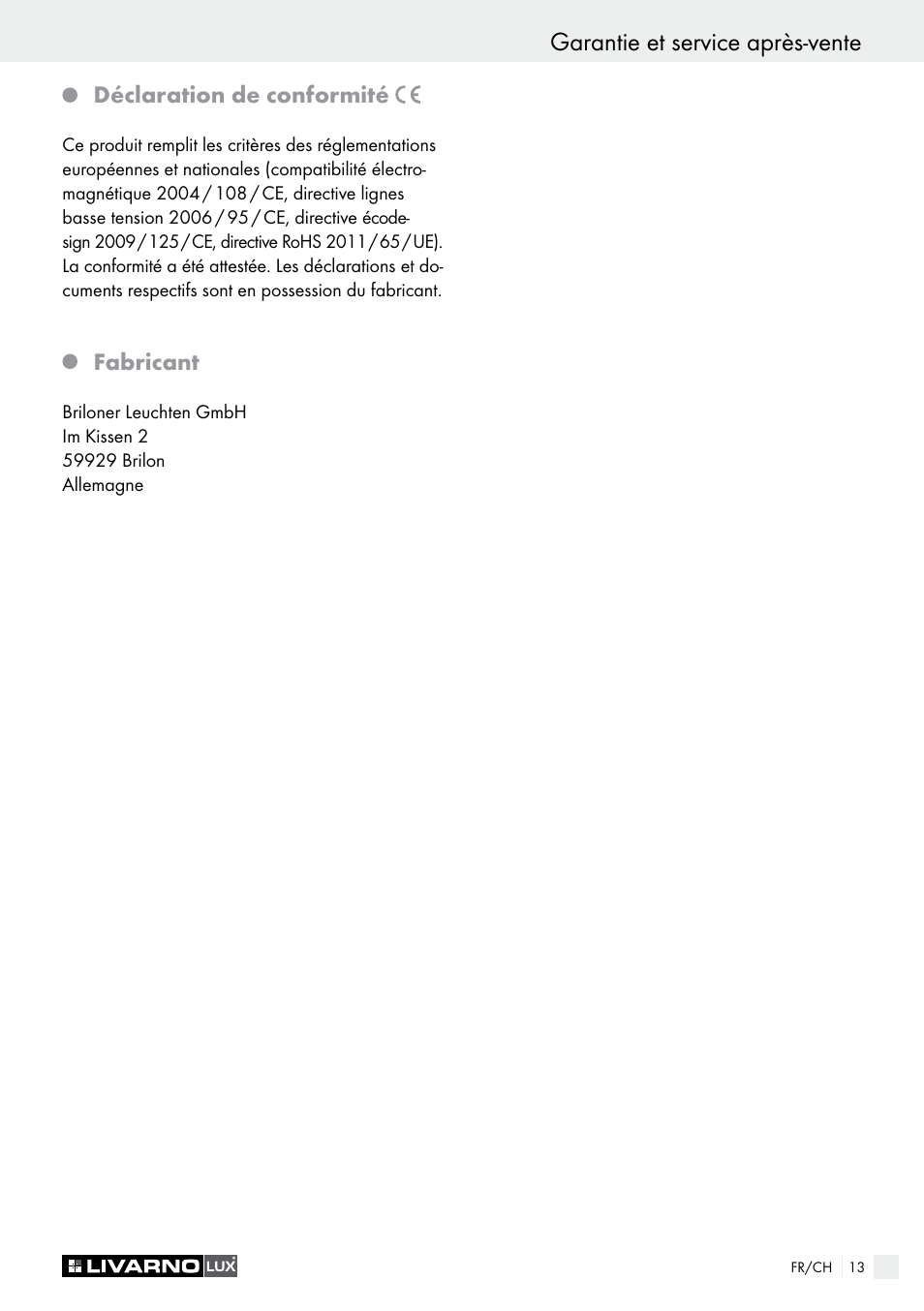 Garantie et service après-vente | Livarno 1250-022L User Manual | Page 13 / 23