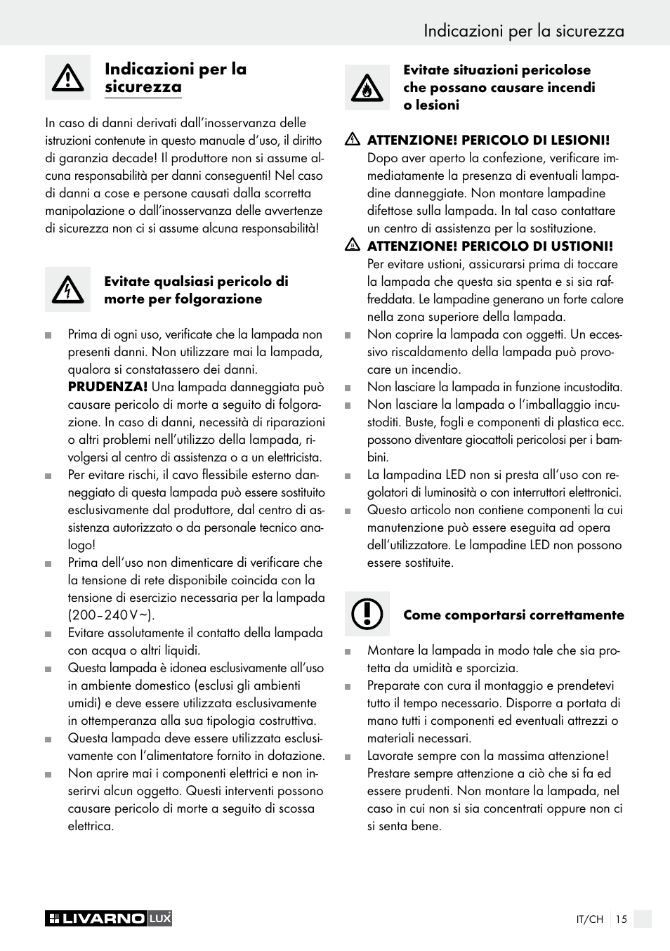 Introduzione indicazioni per la sicurezza, Indicazioni per la sicurezza | Livarno 1250-022L User Manual | Page 15 / 23